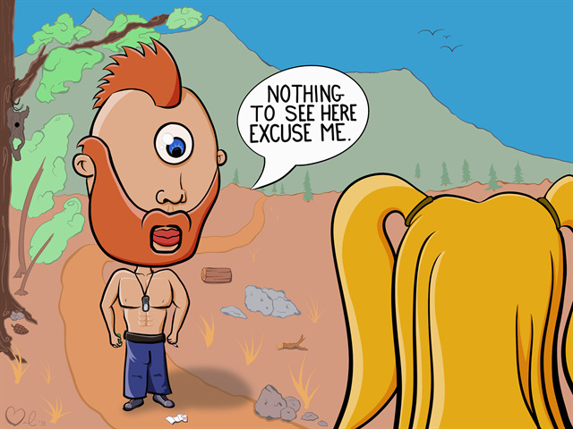 Cartoon of cyclops looking at woman