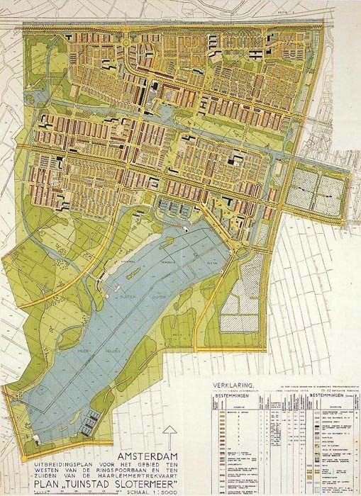 Het oorspronkelijke plan uit 1939 voor Slotermeer, Sloterplas en Sloterpark.