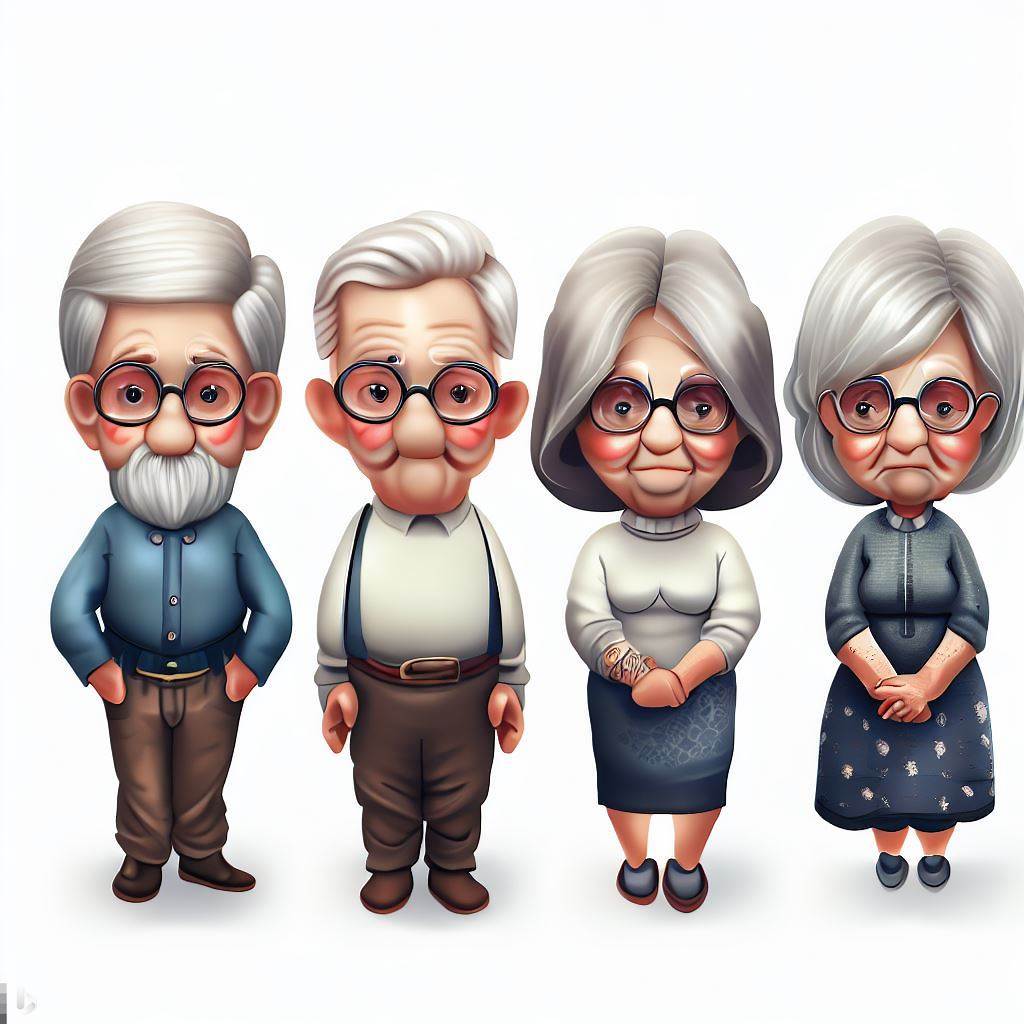 AI genereret billede med Bing - An ultra realistic image of some elderly people. Cartoon style.