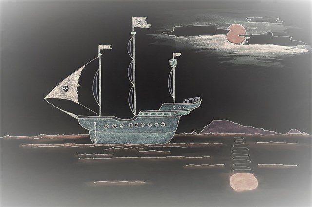 The Flying Fish moored on a moonlit night