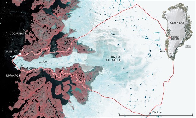 Map of Ilulissat Icefjord and surrounding region. Limit of the World Heritage Site is marked with red line. [2]
