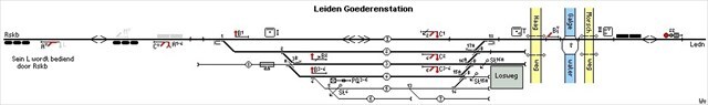 Emplacementstekening van Leiden Goederenstation. De onderste twee sporen zijn als eerste verwijderd