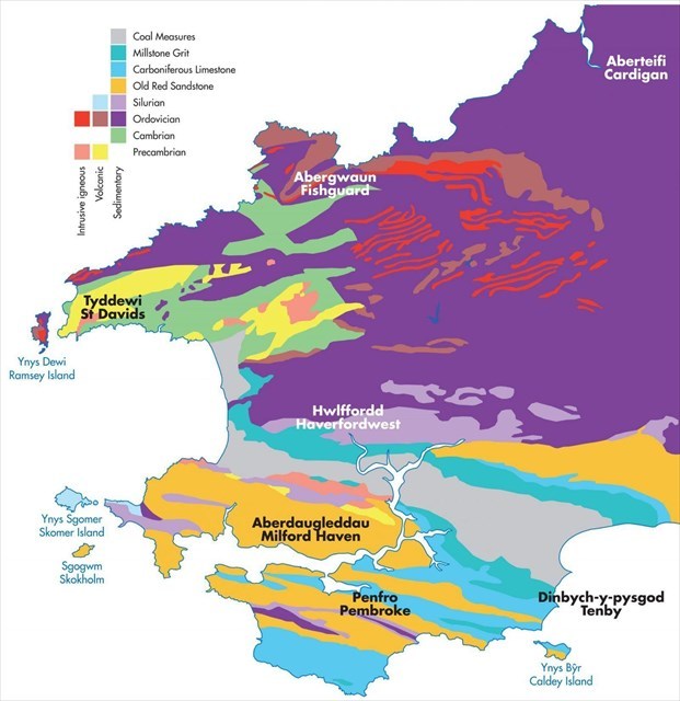 A map showing the vast array of different bedrocks in Pembrokeshire.