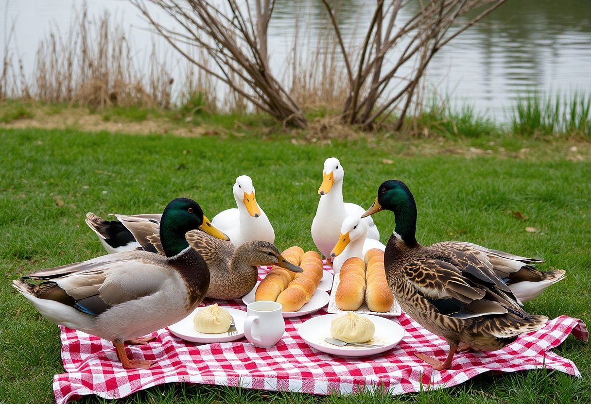 Kačeři u snídaně v trávě