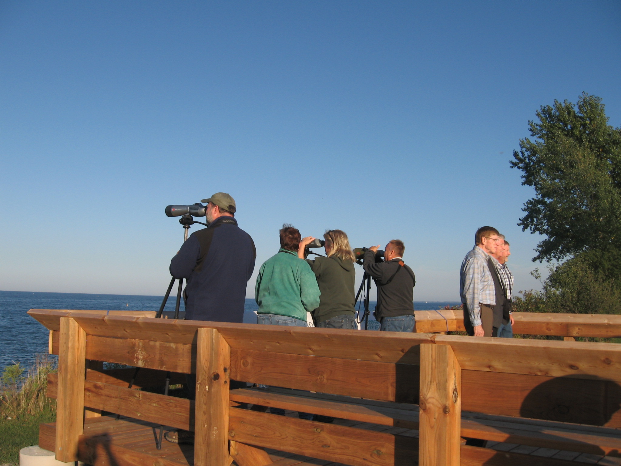 Bird-watchers using the newly opened viewing platform at Fifty Point. September 24, 2014. Photo by Bon Echo