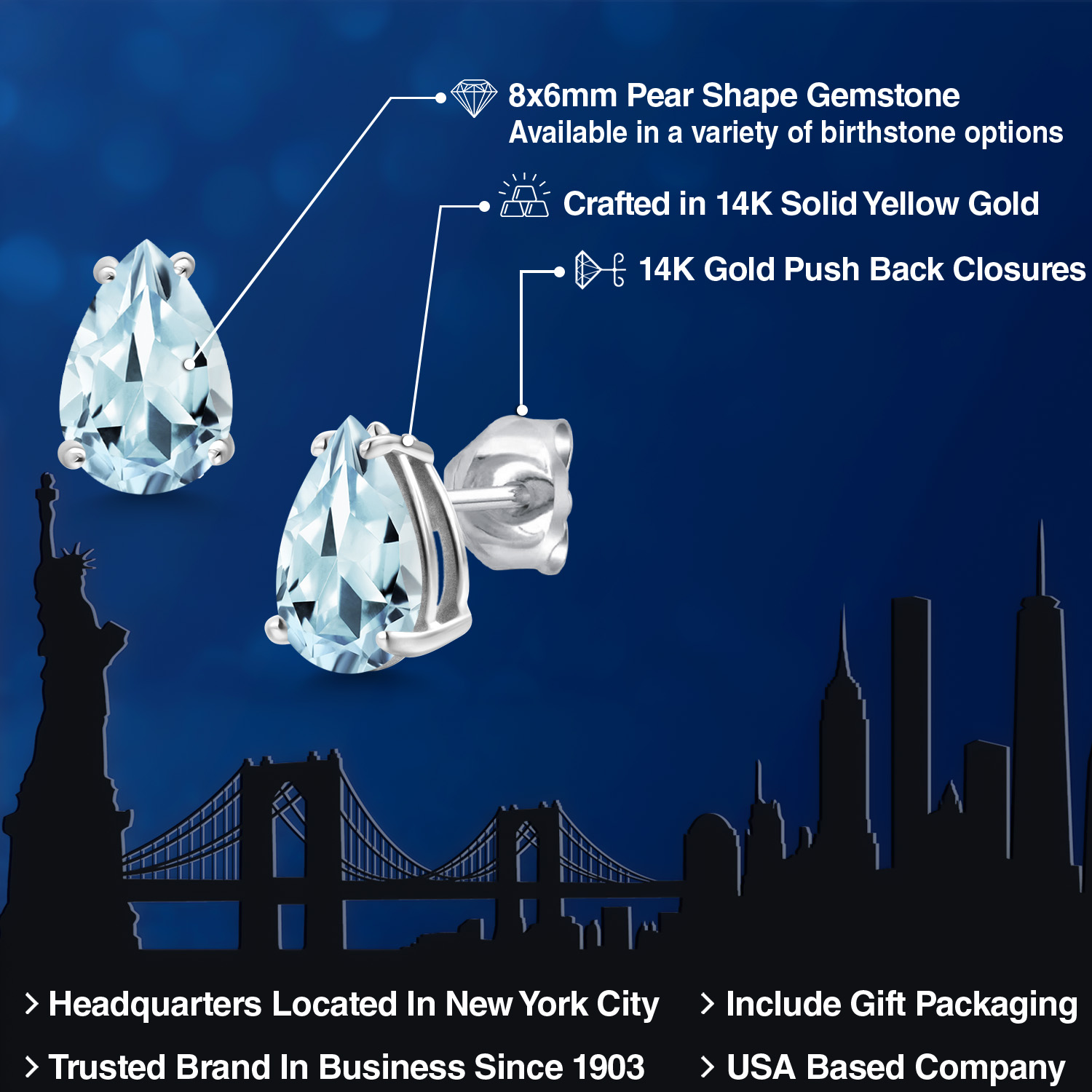 14K White Gold Pear Shape 8X6MM Gemstone Birthstone Stud Earrings | Double - Picture 8 of 102