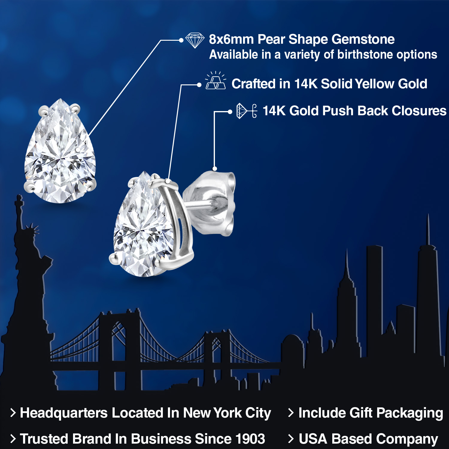 14K White Gold Pear Shape 8X6MM Gemstone Birthstone Stud Earrings | Double - Picture 98 of 102