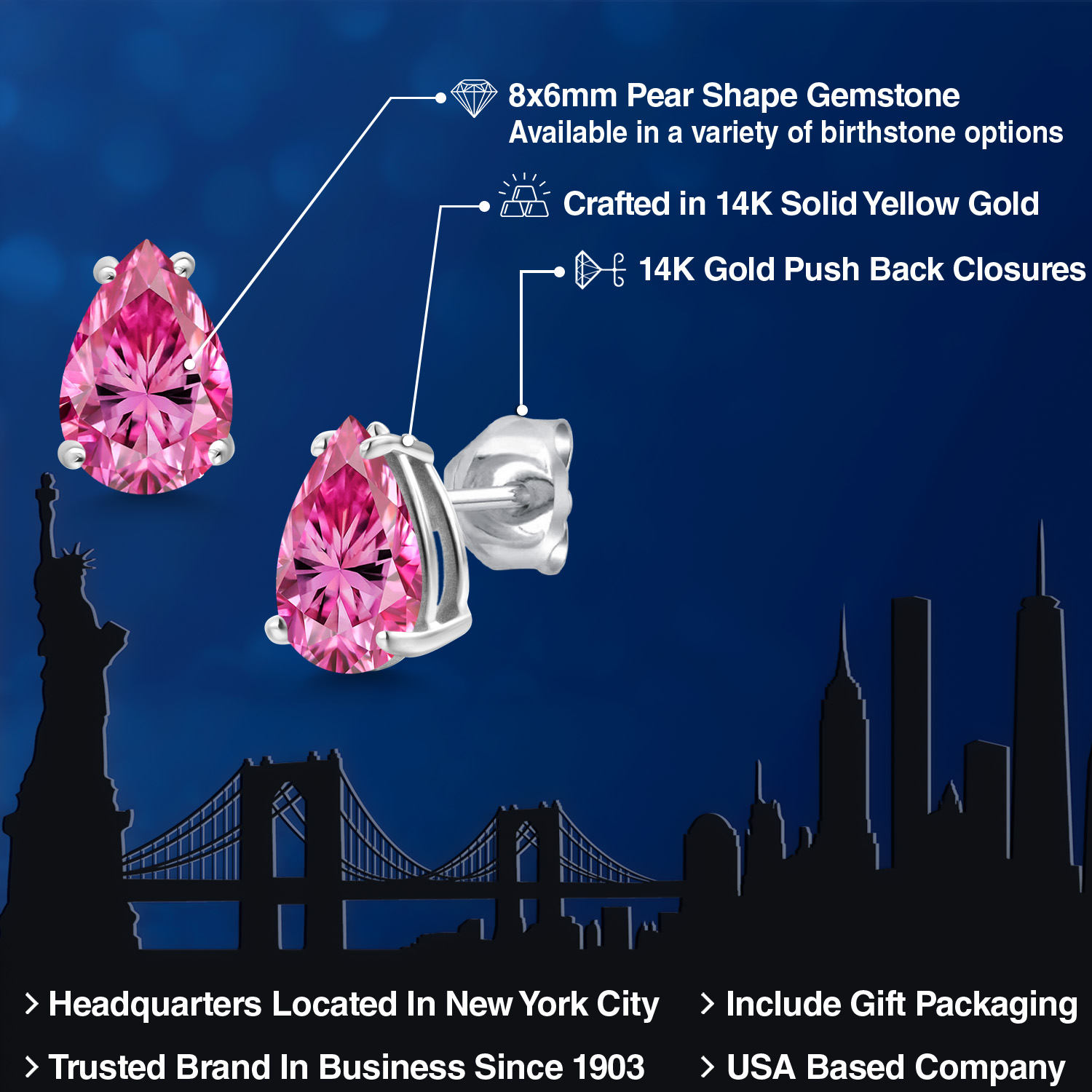 14K White Gold Pear Shape 8X6MM Gemstone Birthstone Stud Earrings | Double - Picture 68 of 102