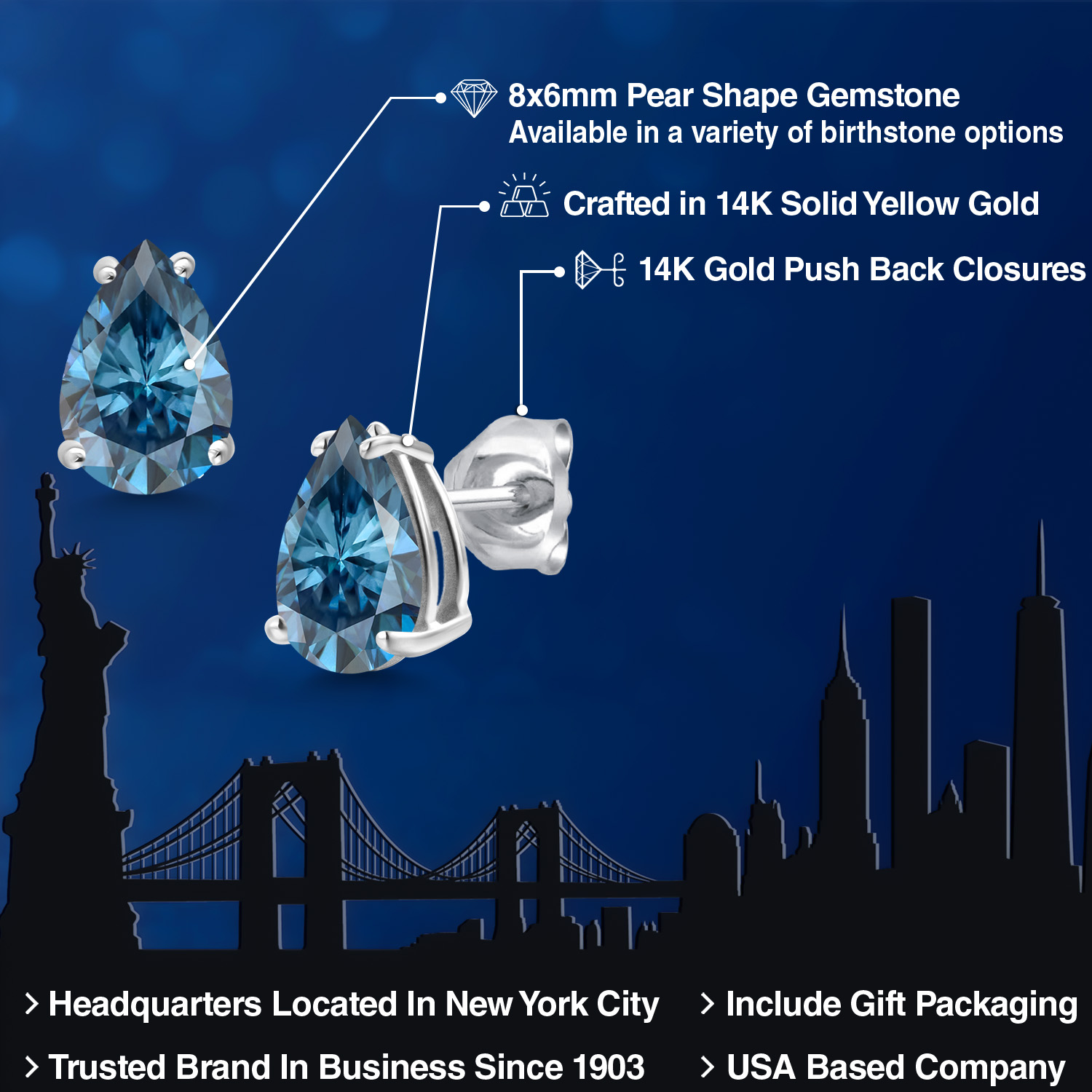 14K White Gold Pear Shape 8X6MM Gemstone Birthstone Stud Earrings | Double - Picture 62 of 102