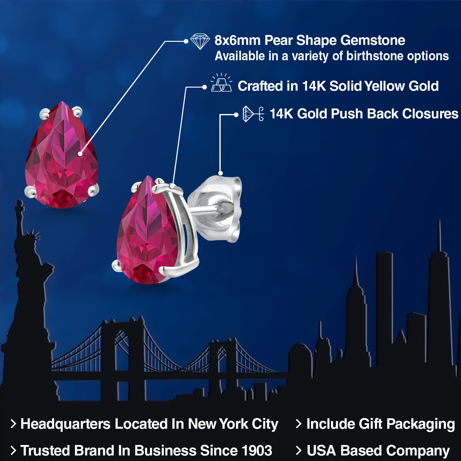 14K White Gold Pear Shape 8X6MM Gemstone Birthstone Stud Earrings | Double - Picture 32 of 102