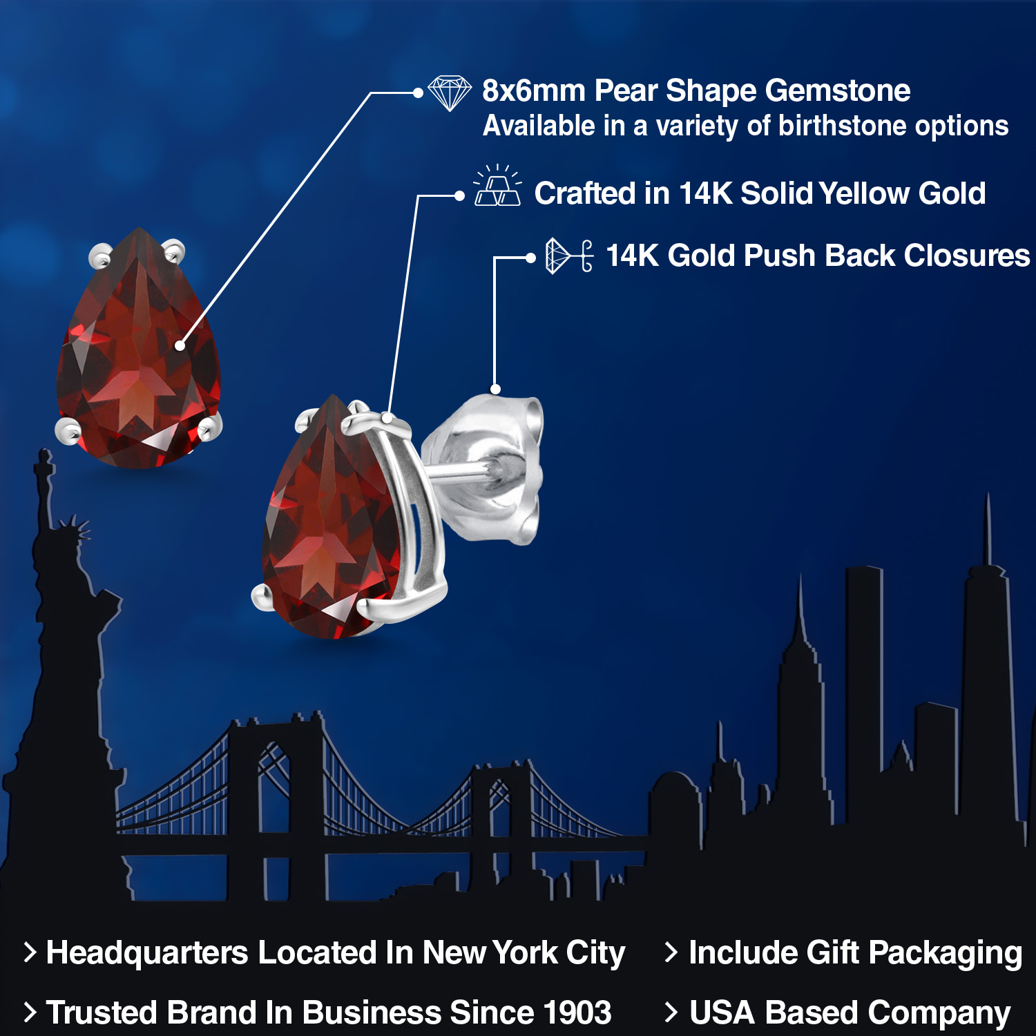 14K White Gold Pear Shape 8X6MM Gemstone Birthstone Stud Earrings | Double - Picture 38 of 102