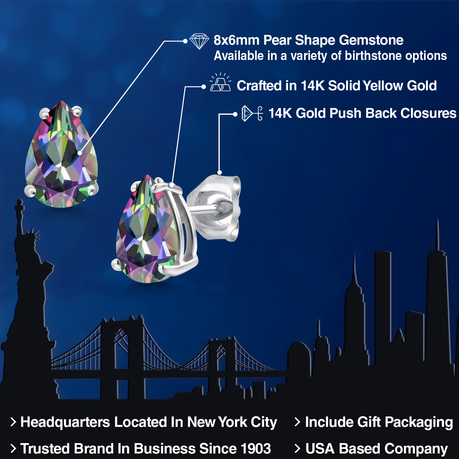 14K White Gold Pear Shape 8X6MM Gemstone Birthstone Stud Earrings | Double - Picture 44 of 102