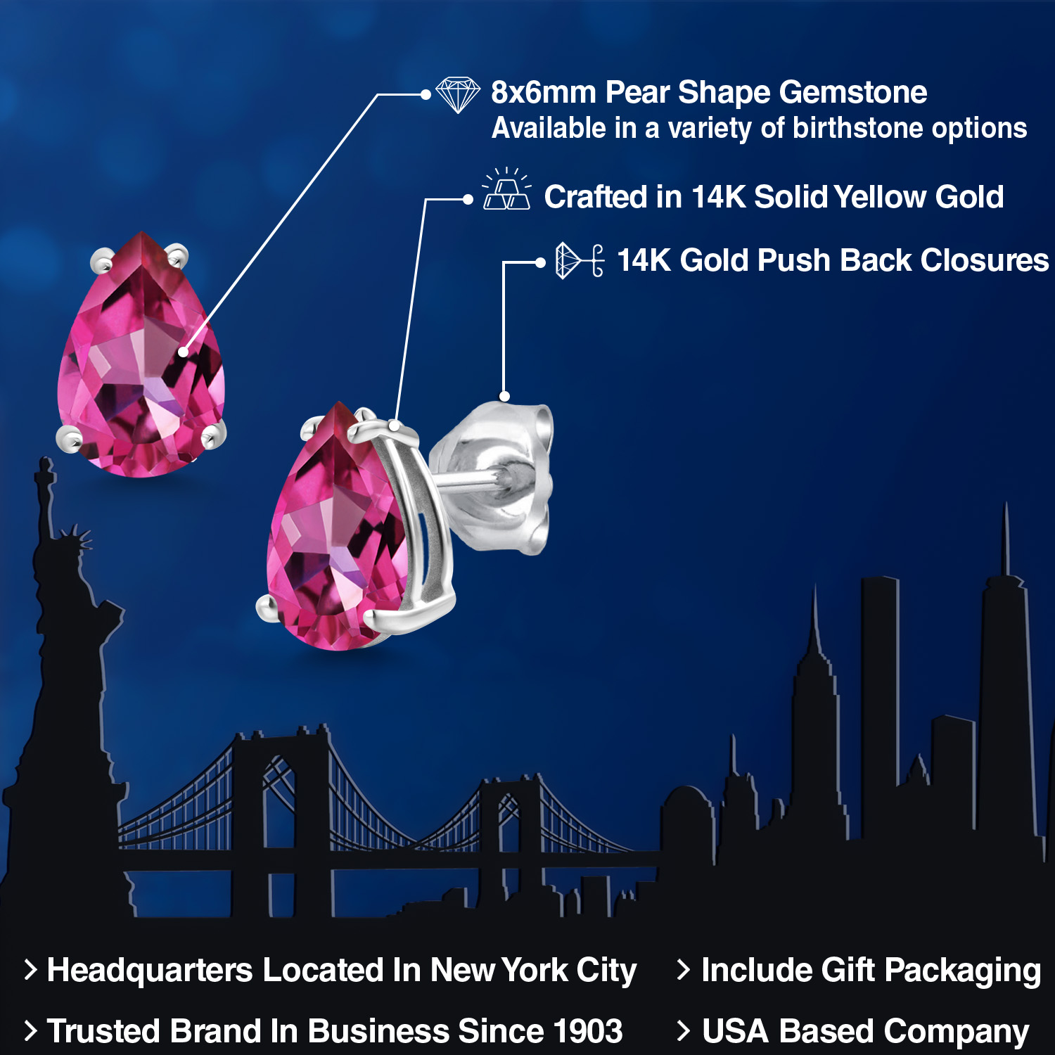 14K White Gold Pear Shape 8X6MM Gemstone Birthstone Stud Earrings | Double - Picture 74 of 102