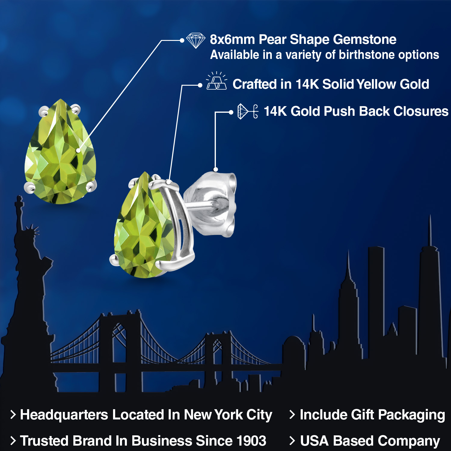 14K White Gold Pear Shape 8X6MM Gemstone Birthstone Stud Earrings | Double - Picture 56 of 102