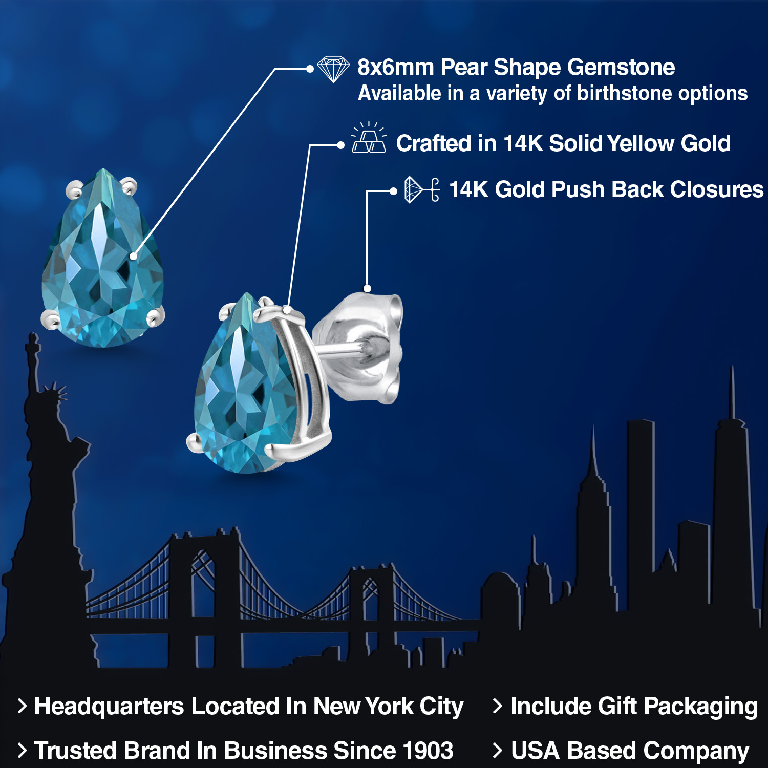 14K White Gold Pear Shape 8X6MM Gemstone Birthstone Stud Earrings | Double - Picture 50 of 102