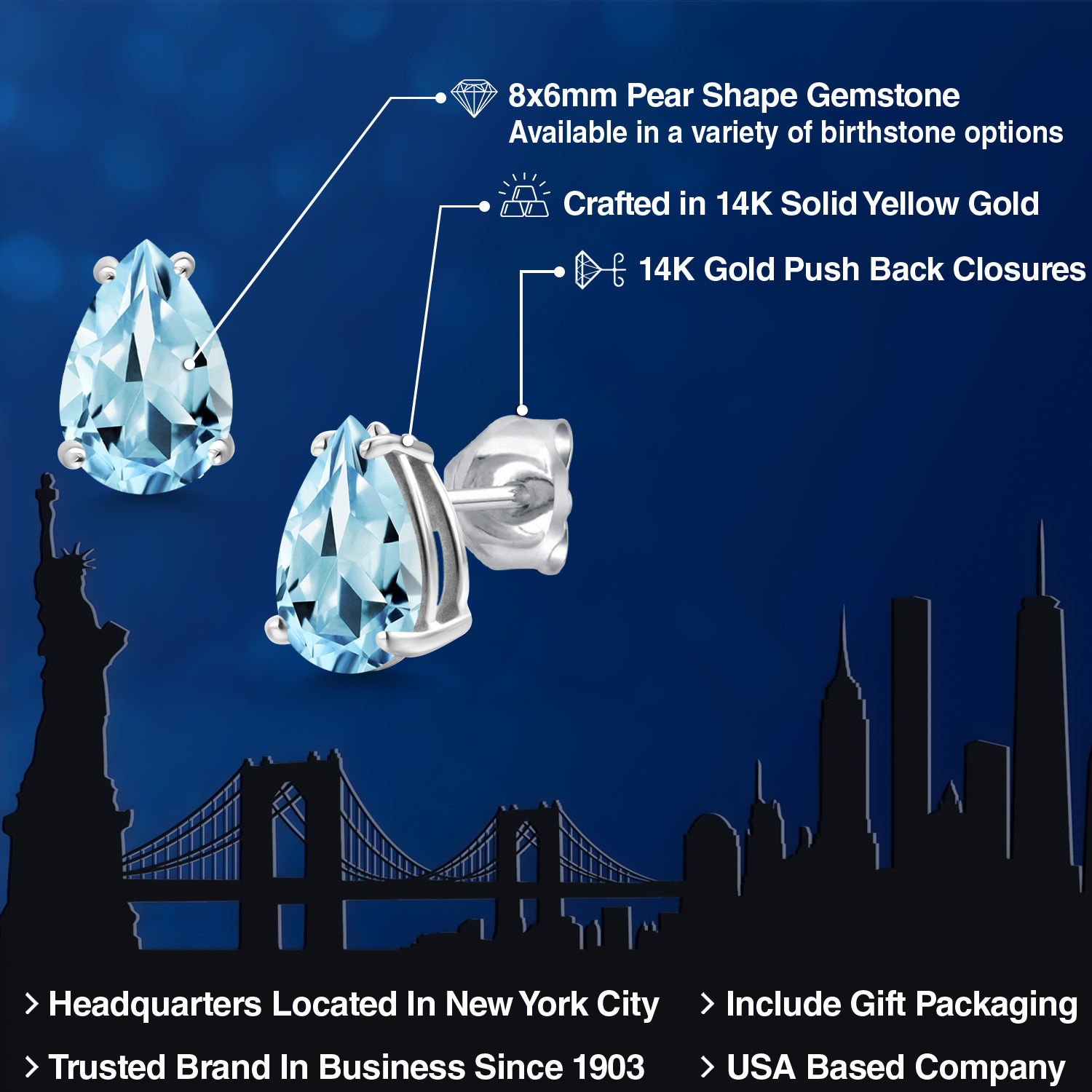 14K White Gold Pear Shape 8X6MM Gemstone Birthstone Stud Earrings | Double - Picture 80 of 102