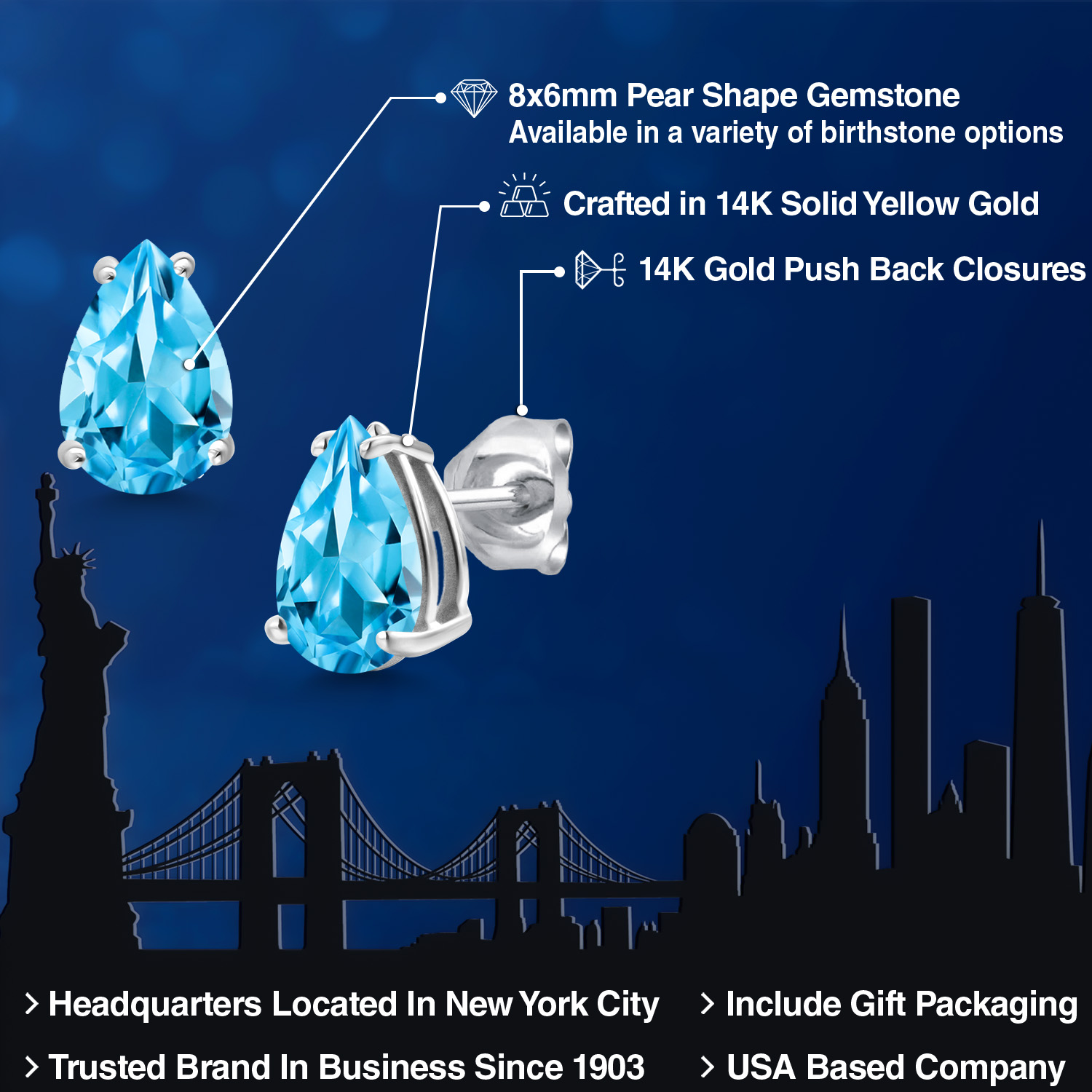 14K White Gold Pear Shape 8X6MM Gemstone Birthstone Stud Earrings | Double - Picture 86 of 102