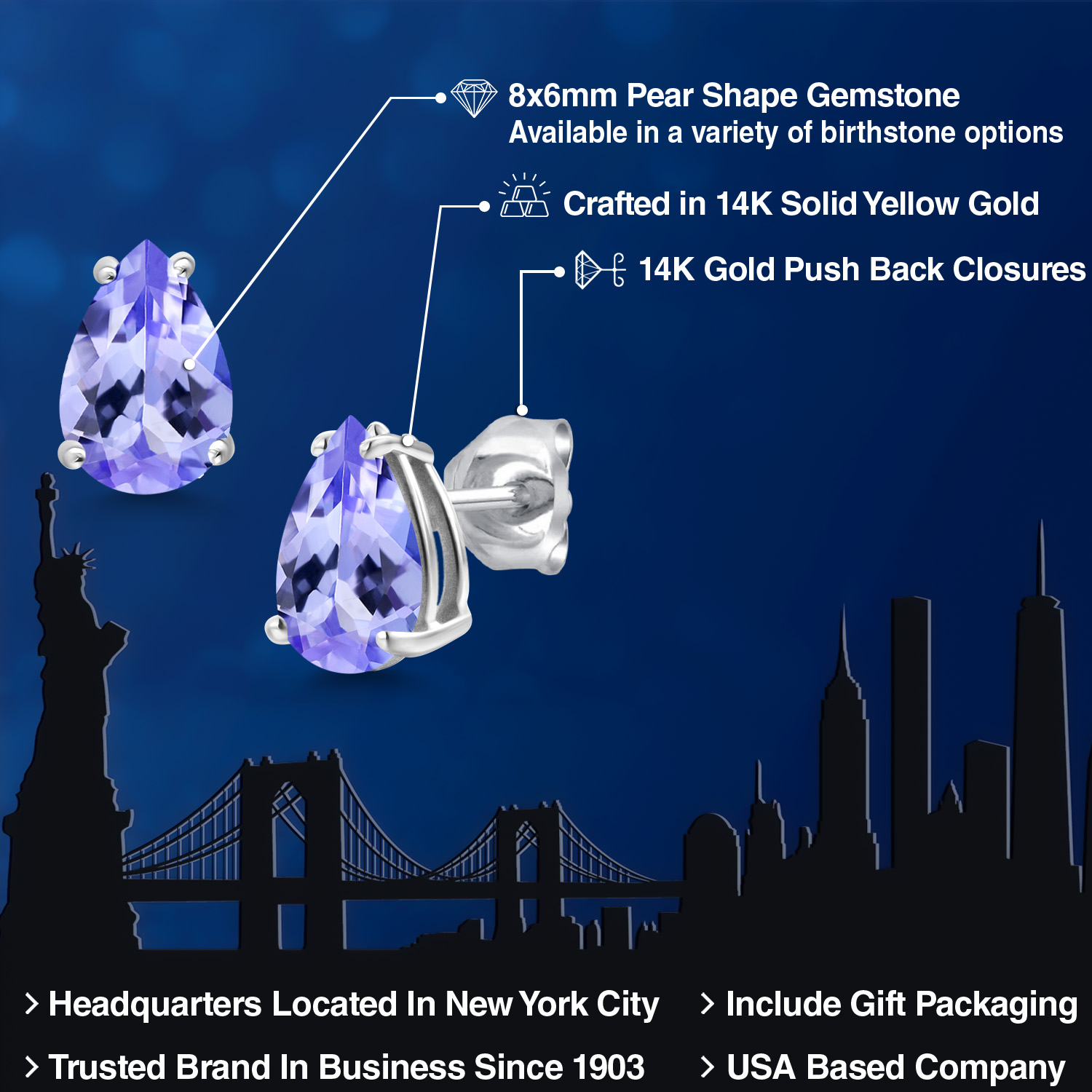 14K White Gold Pear Shape 8X6MM Gemstone Birthstone Stud Earrings | Double - Picture 92 of 102