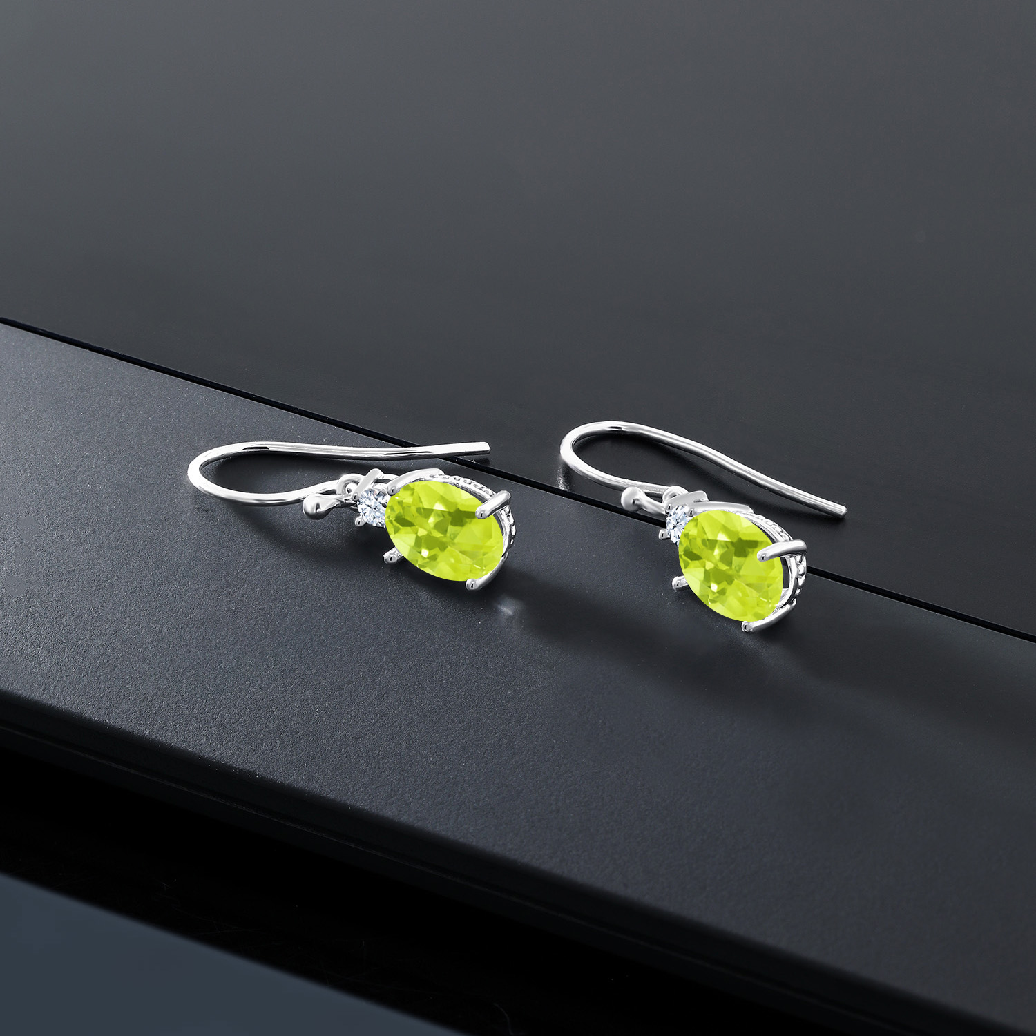 10K White Gold Dangle Earrings 2.76 Ct Oval Green Peridot White Created Sapphire - Picture 71 of 161