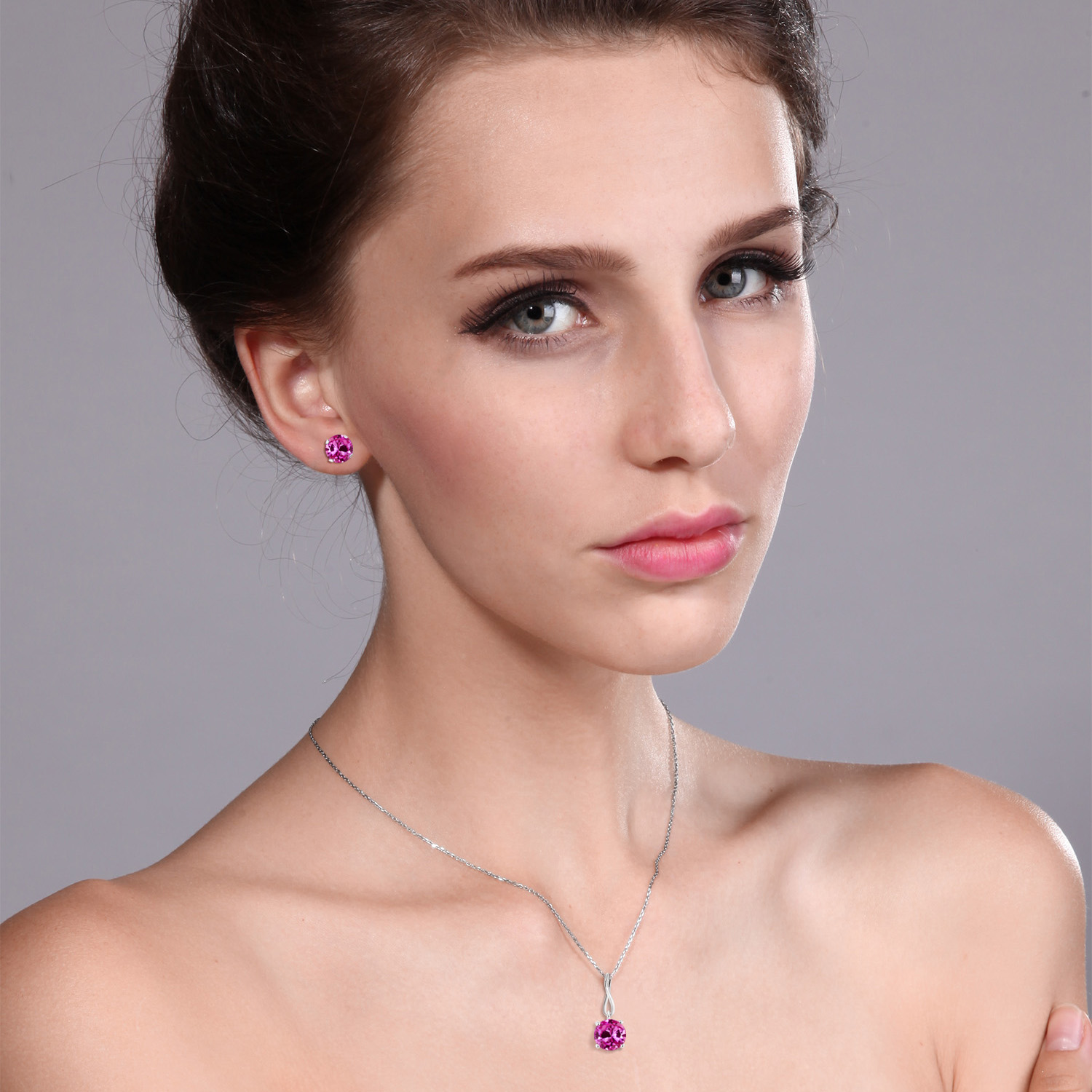 10K White Gold 6MM Pink Zirconia Pendant Earrings Set For Women (2.52 Cttw, - Picture 38 of 57