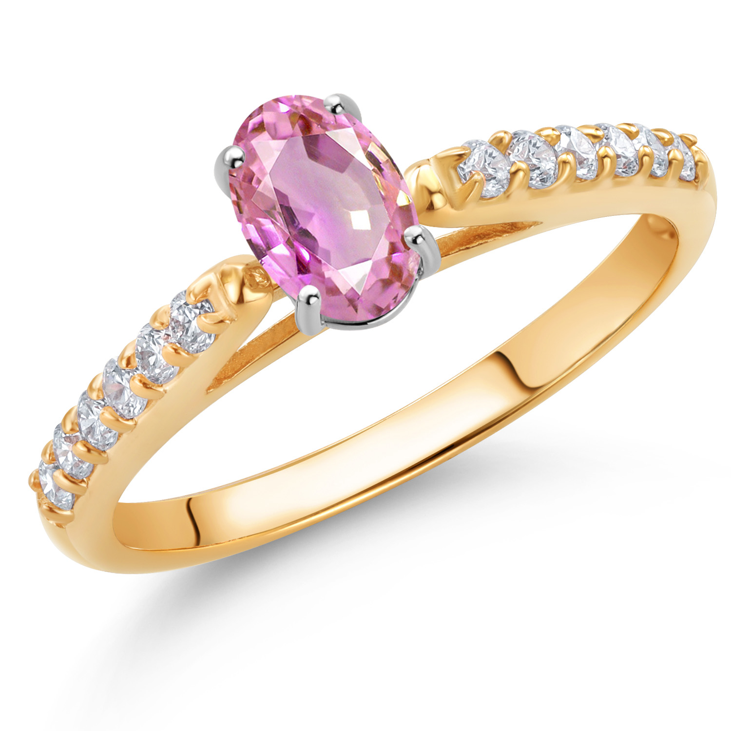 10K Yellow and White Gold Pink Sapphire and White Lab Grown Diamond Engagement - Picture 6 of 24