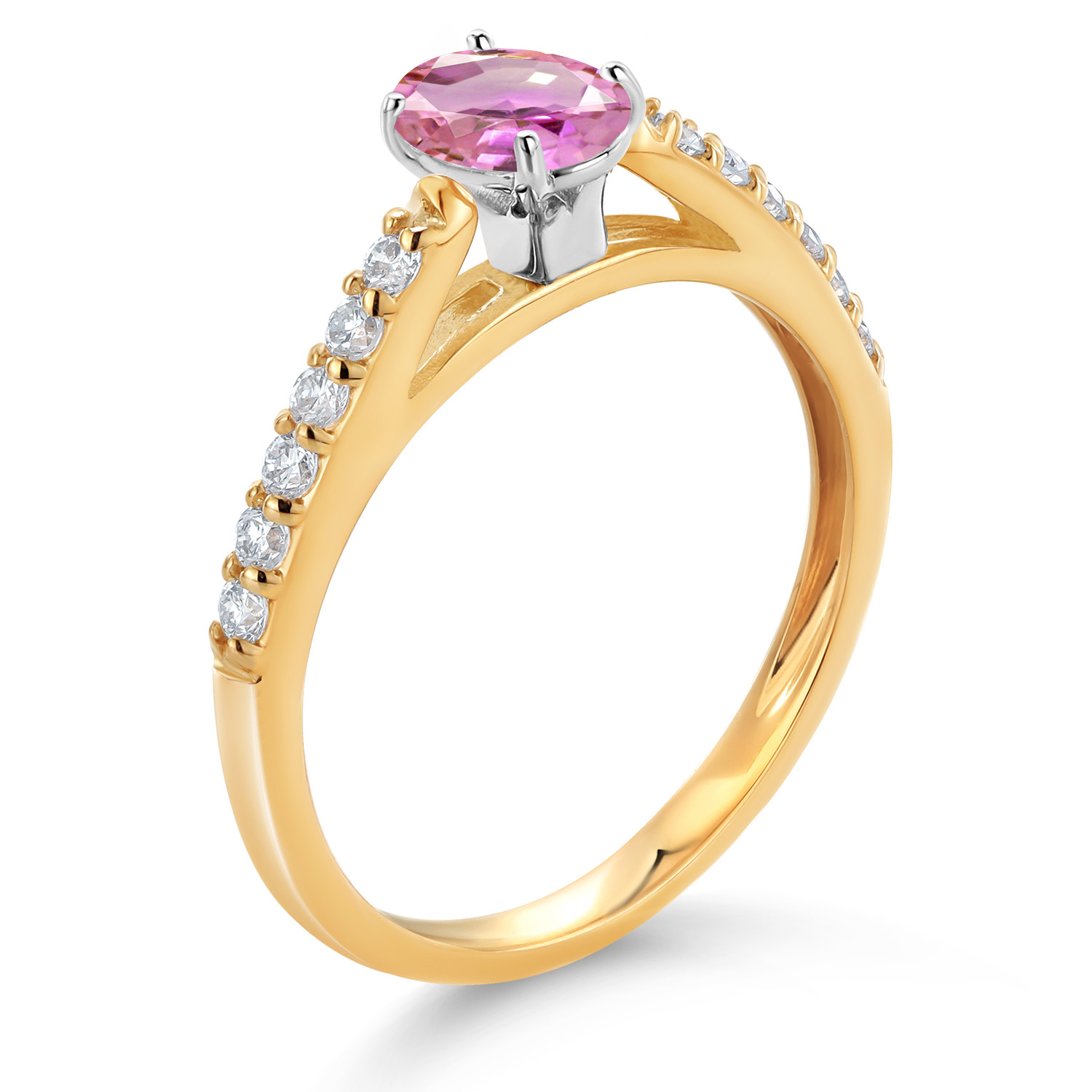 10K Yellow and White Gold Pink Sapphire and White Lab Grown Diamond Engagement - Picture 7 of 24