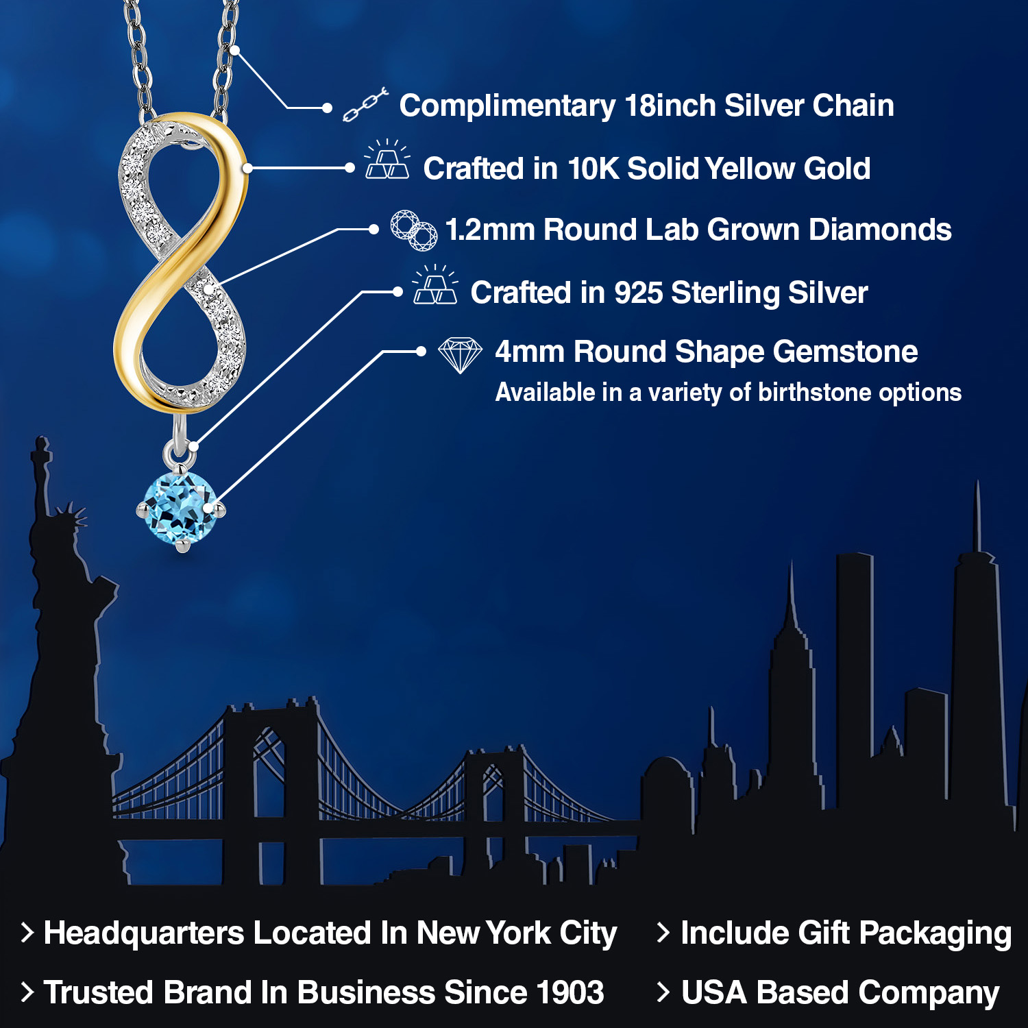 925 Silver and 10K Yellow Gold Swiss Blue Topaz and Lab Grown Diamond Pendant product image view 2