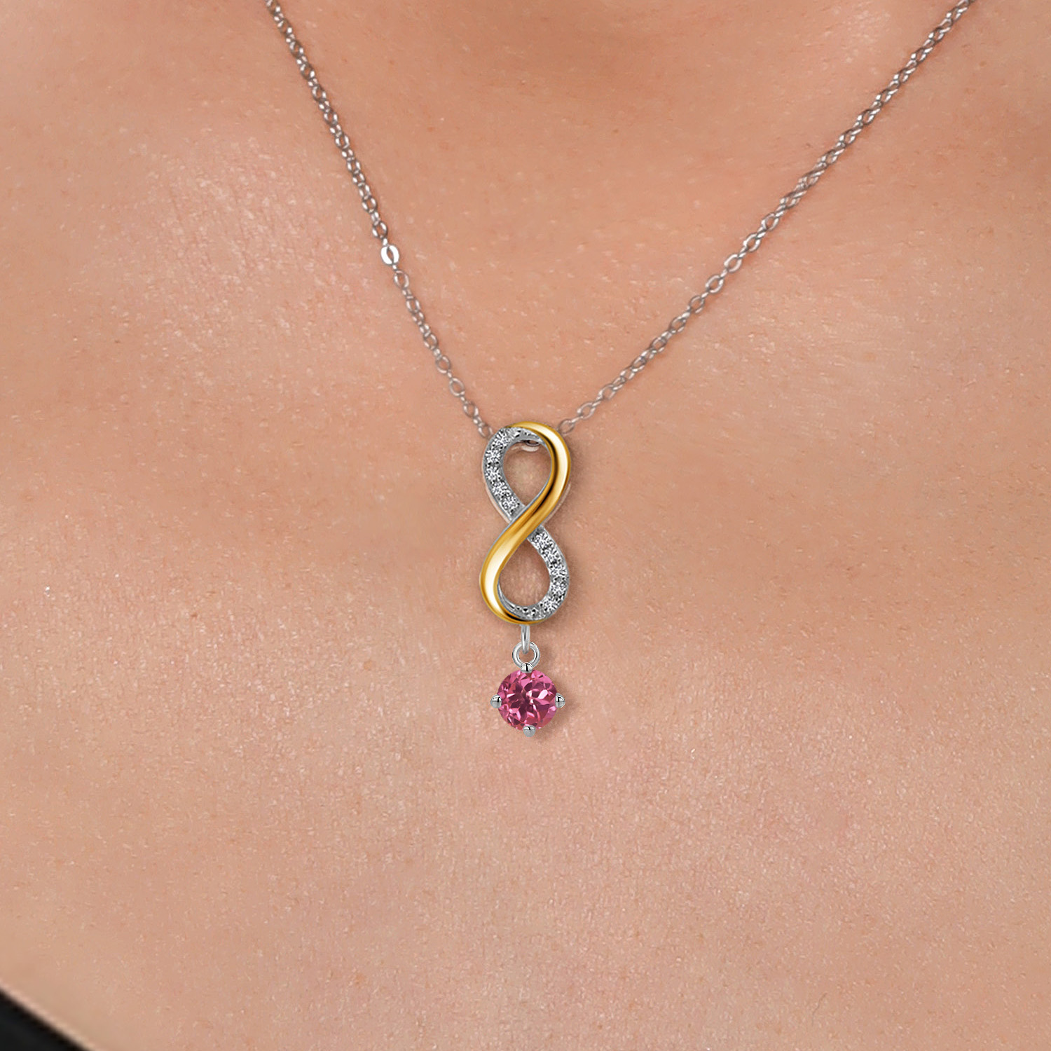 925 Silver and 10K Yellow Gold Pink Tourmaline and Lab Grown Diamond Pendant detailed image 3