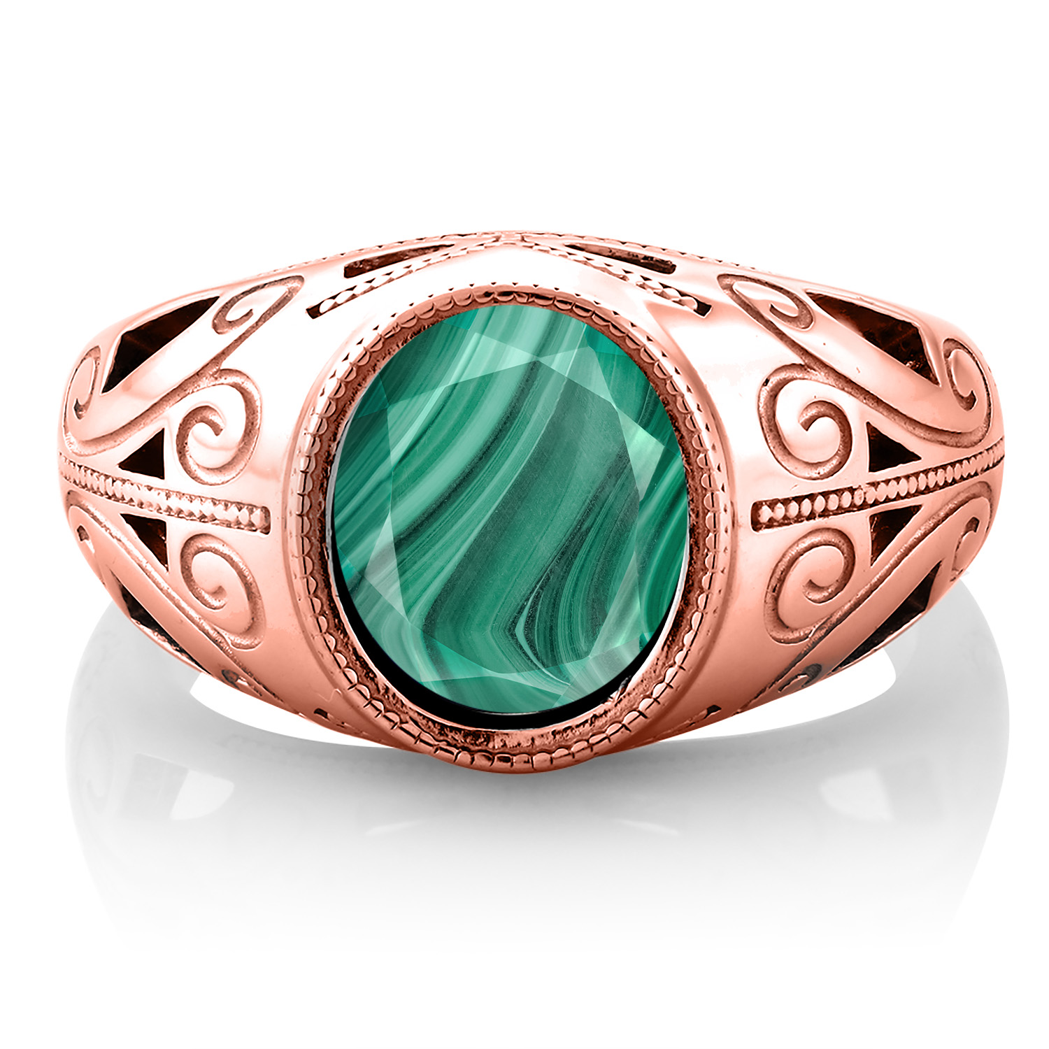 6.00 Ct Oval Green Malachite 18K Rose Gold Plated Silver Men's Ring - Picture 6 of 32