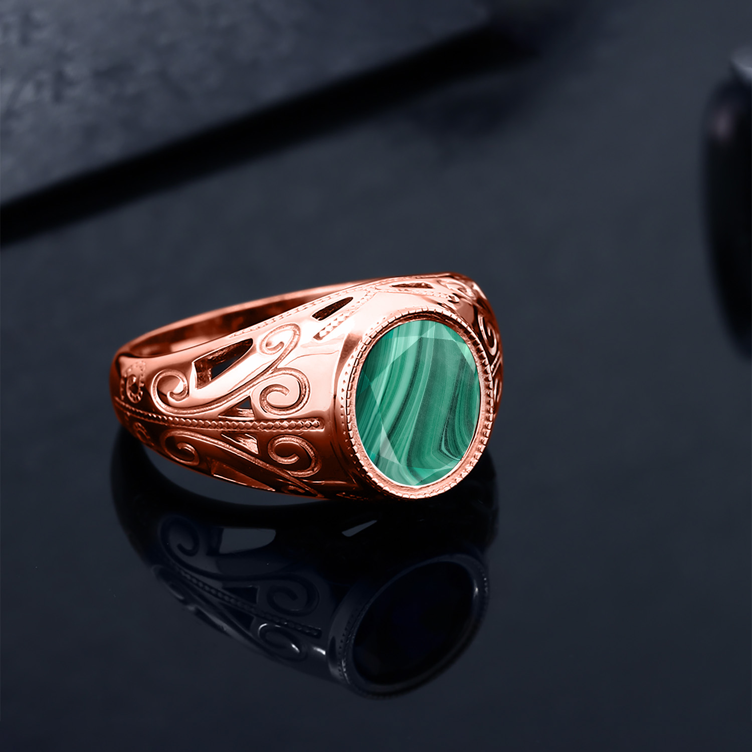 6.00 Ct Oval Green Malachite 18K Rose Gold Plated Silver Men's Ring - Picture 7 of 32