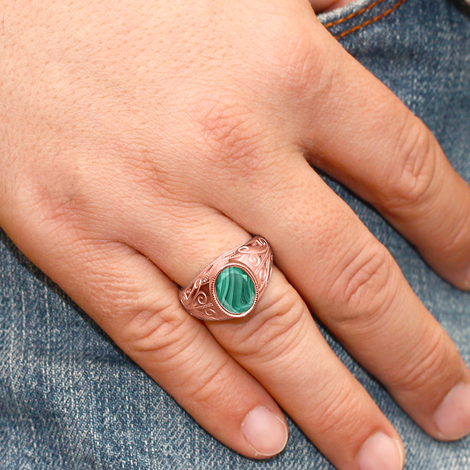 6.00 Ct Oval Green Malachite 18K Rose Gold Plated Silver Men's Ring - Picture 8 of 32