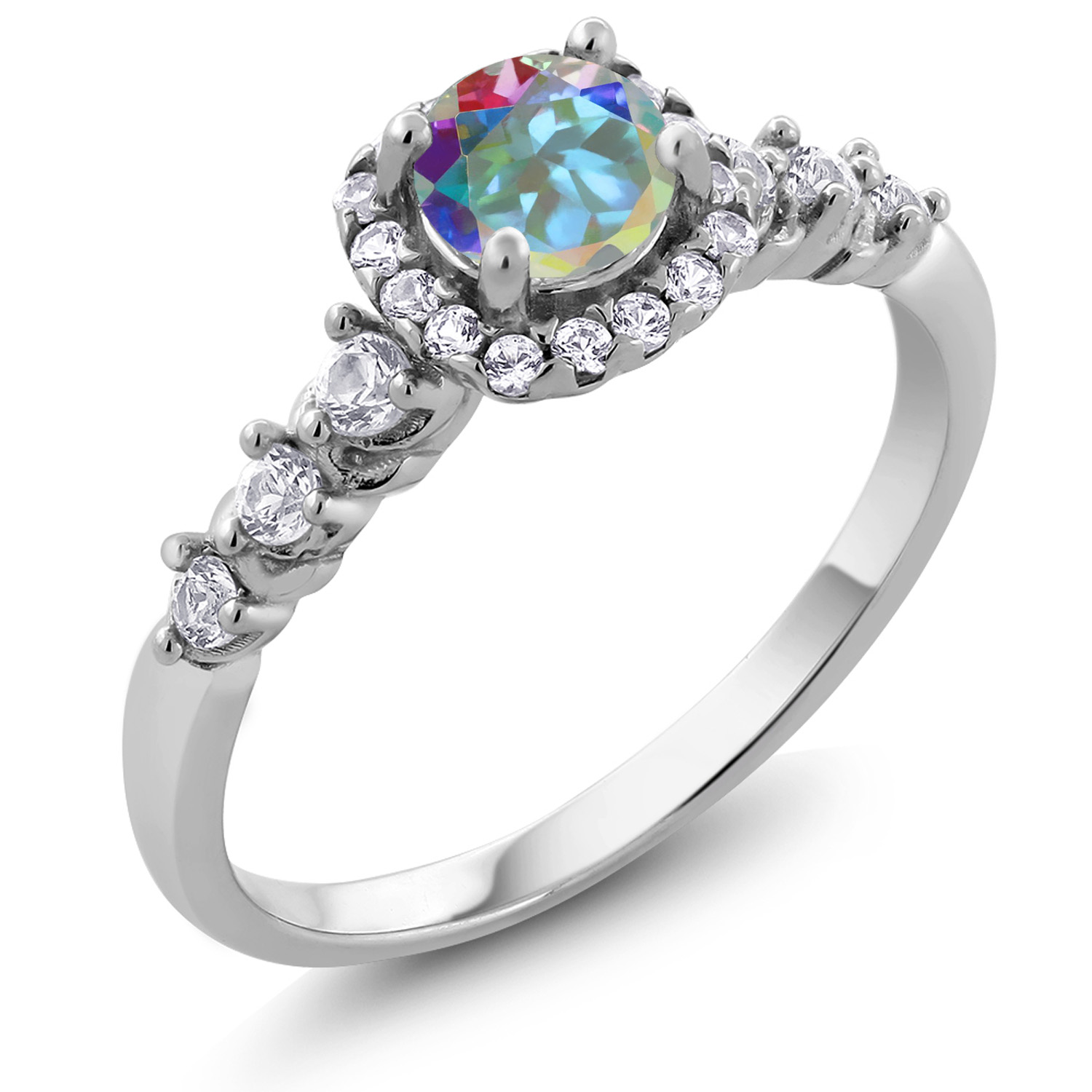 Gemstone Birthstone and White Created Sapphire Halo Engagement Ring For Women - Picture 15 of 31