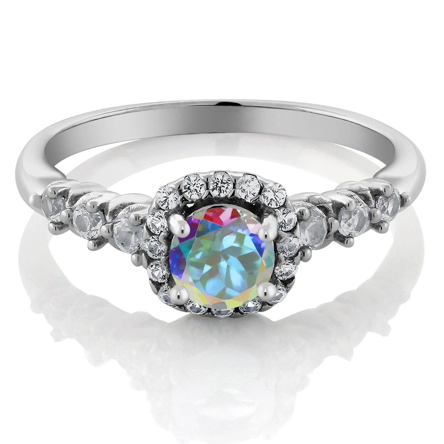 Gemstone Birthstone and White Created Sapphire Halo Engagement Ring For Women - Picture 16 of 31
