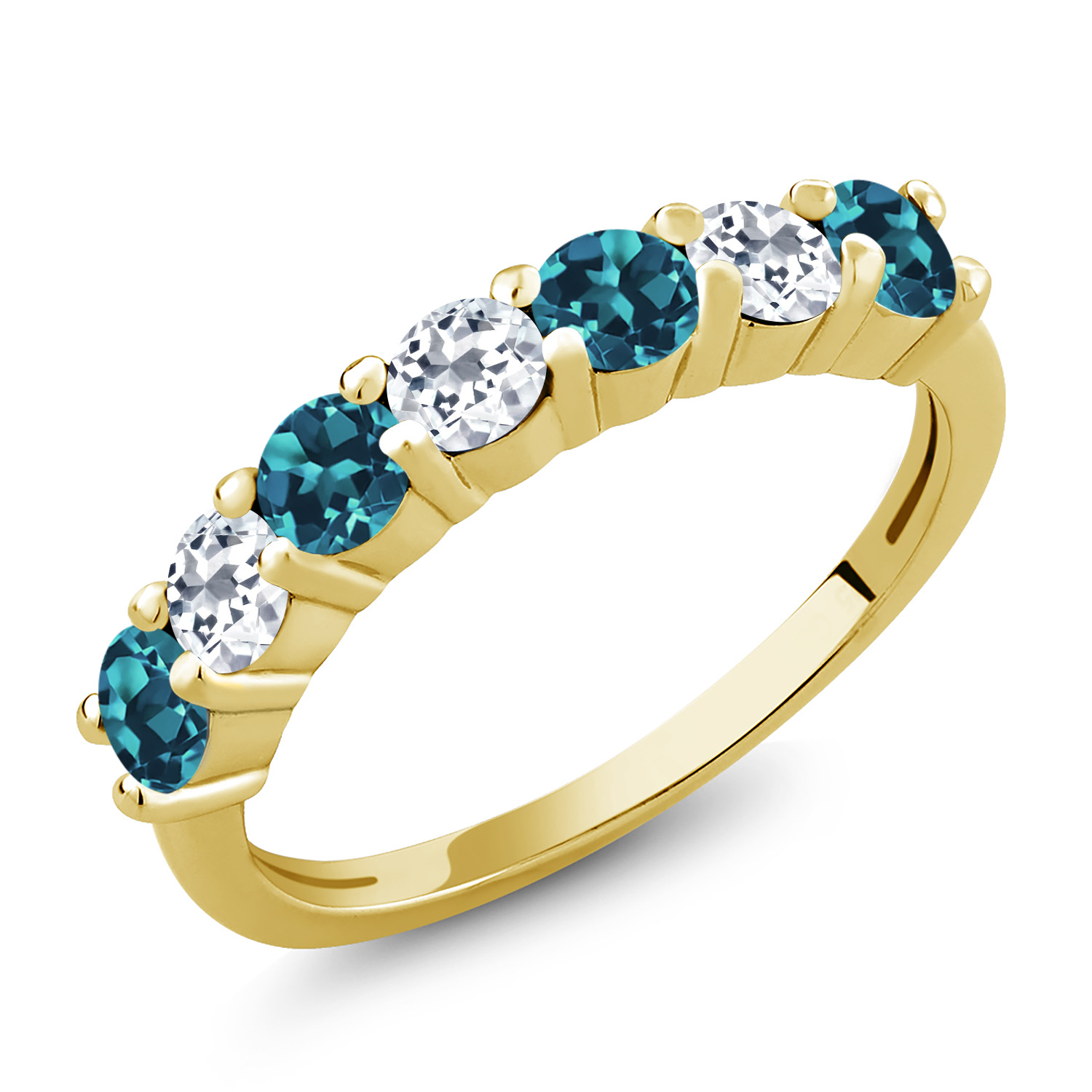 1.53 Ct Round London Blue Topaz White Topaz 18K Yellow Gold Plated Silver Ring - Picture 5 of 24