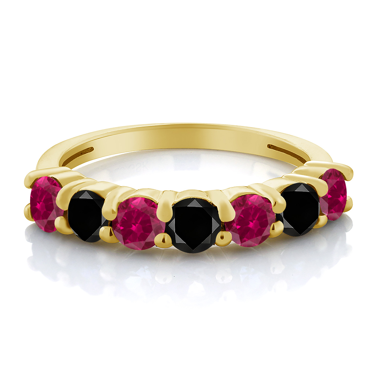 1.51 Ct Round Red Created Ruby Black Diamond 18K Yellow Gold Plated Silver Ring - Picture 6 of 24