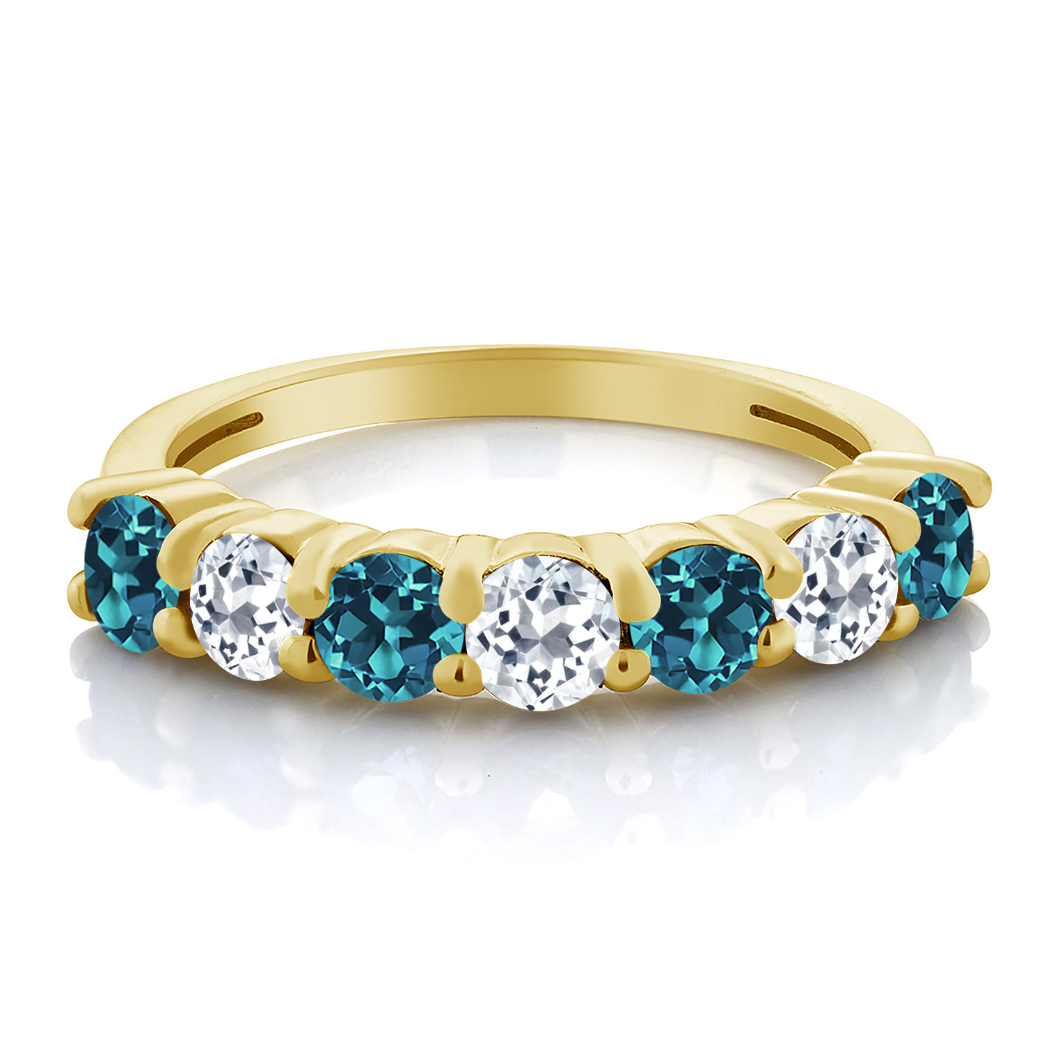 1.53 Ct Round London Blue Topaz White Topaz 18K Yellow Gold Plated Silver Ring - Picture 6 of 24