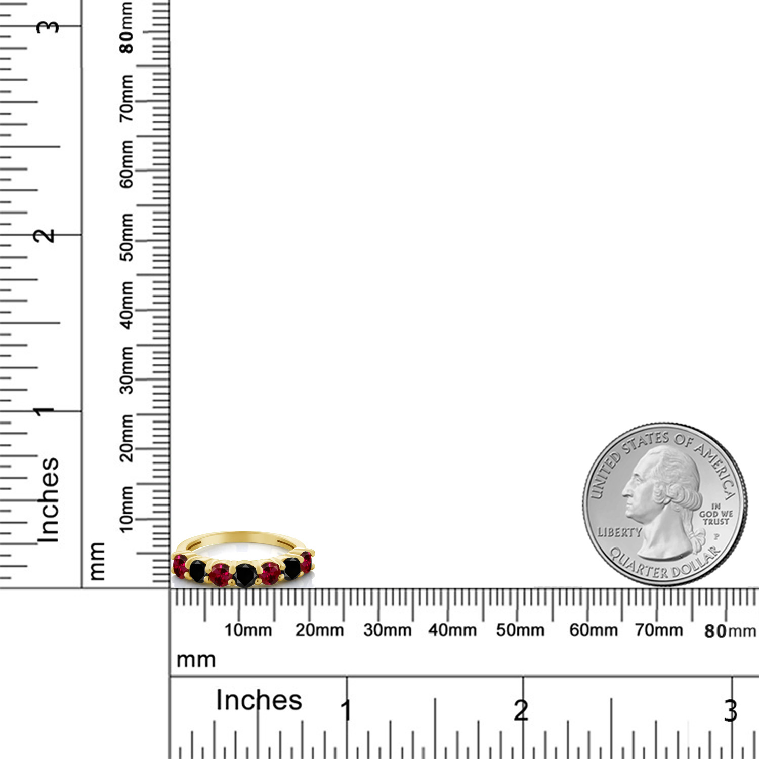 1.51 Ct Round Red Created Ruby Black Diamond 18K Yellow Gold Plated Silver Ring - Picture 7 of 24