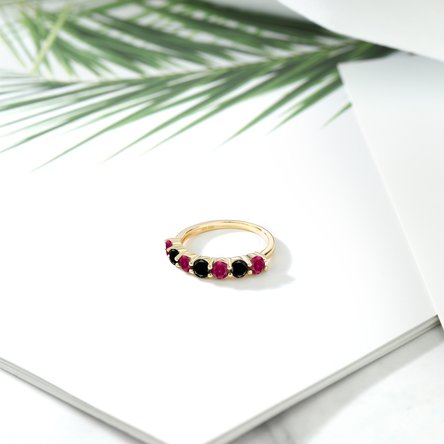 1.51 Ct Round Red Created Ruby Black Diamond 18K Yellow Gold Plated Silver Ring - Picture 8 of 24