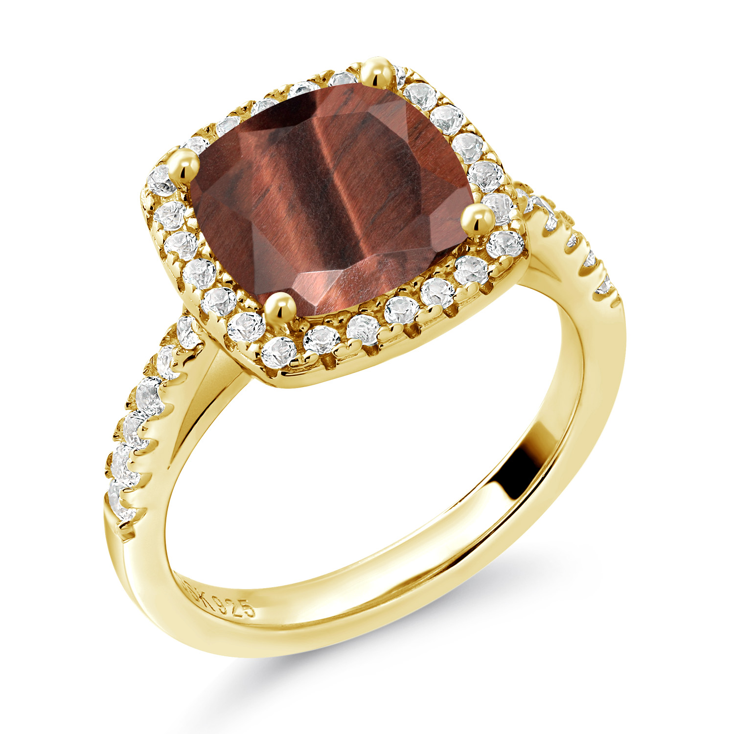 2.50 Ct Red Tiger Eye White Created Sapphire 18K Yellow Gold Plated Silver Ring - Picture 7 of 36