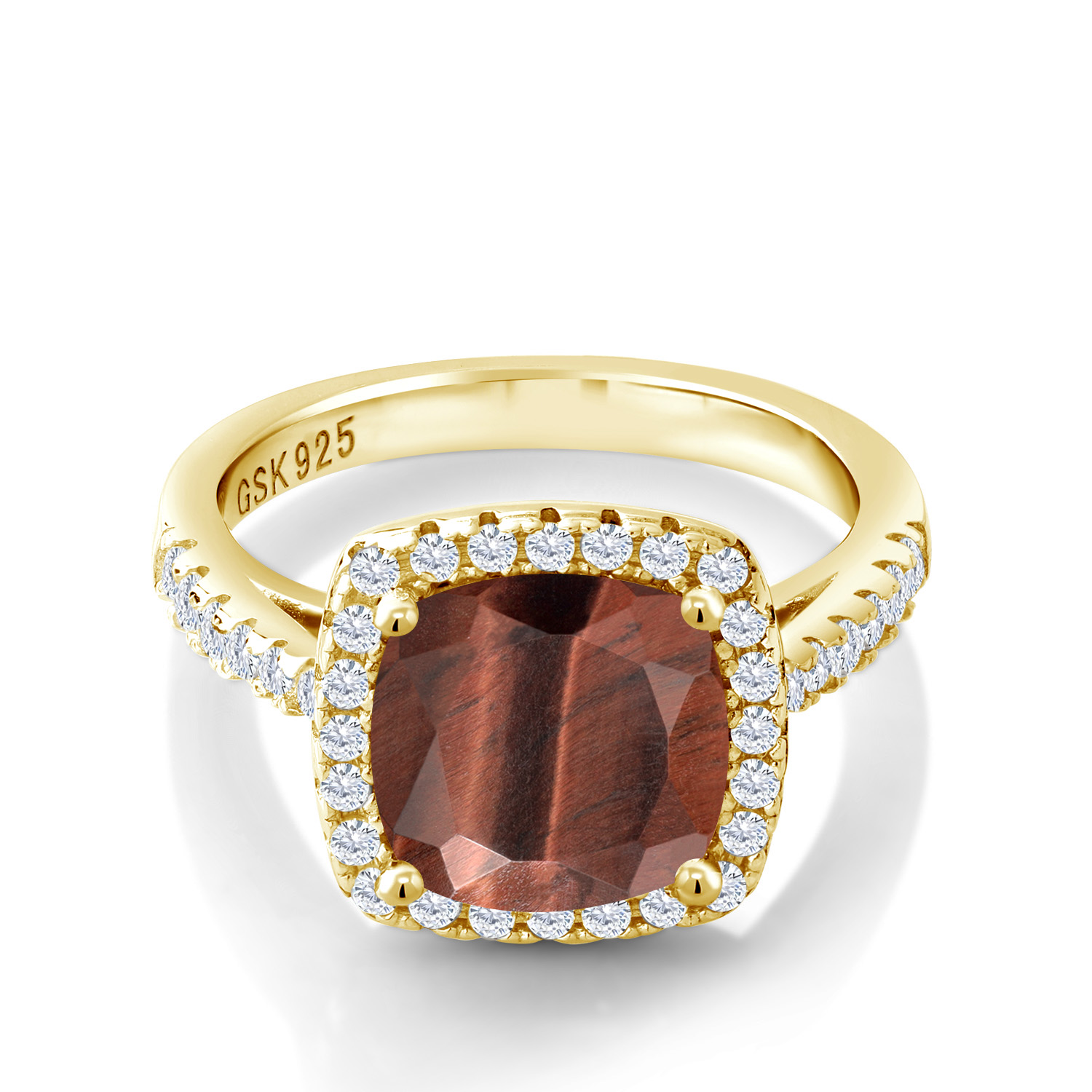 2.50 Ct Red Tiger Eye White Created Sapphire 18K Yellow Gold Plated Silver Ring - Picture 8 of 36