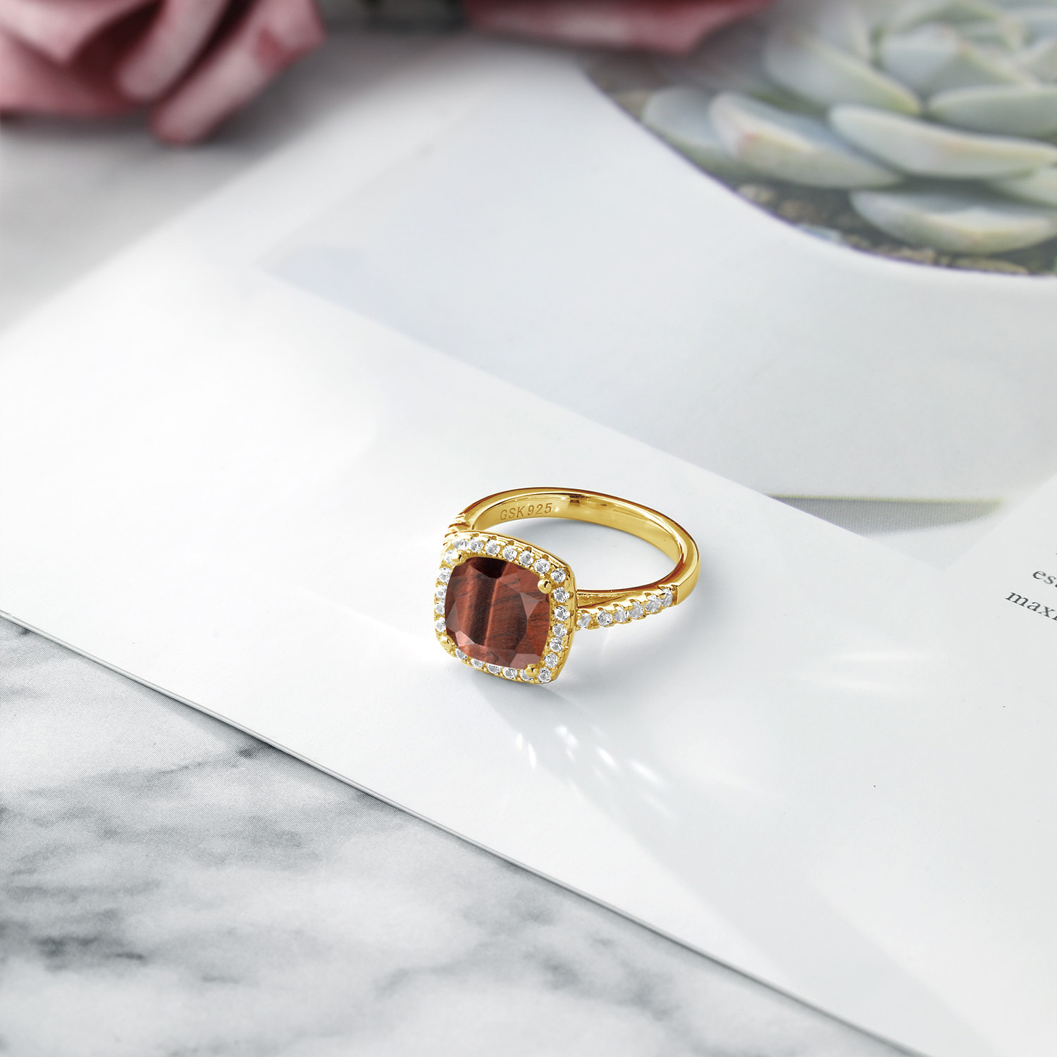 2.50 Ct Red Tiger Eye White Created Sapphire 18K Yellow Gold Plated Silver Ring - Picture 11 of 36