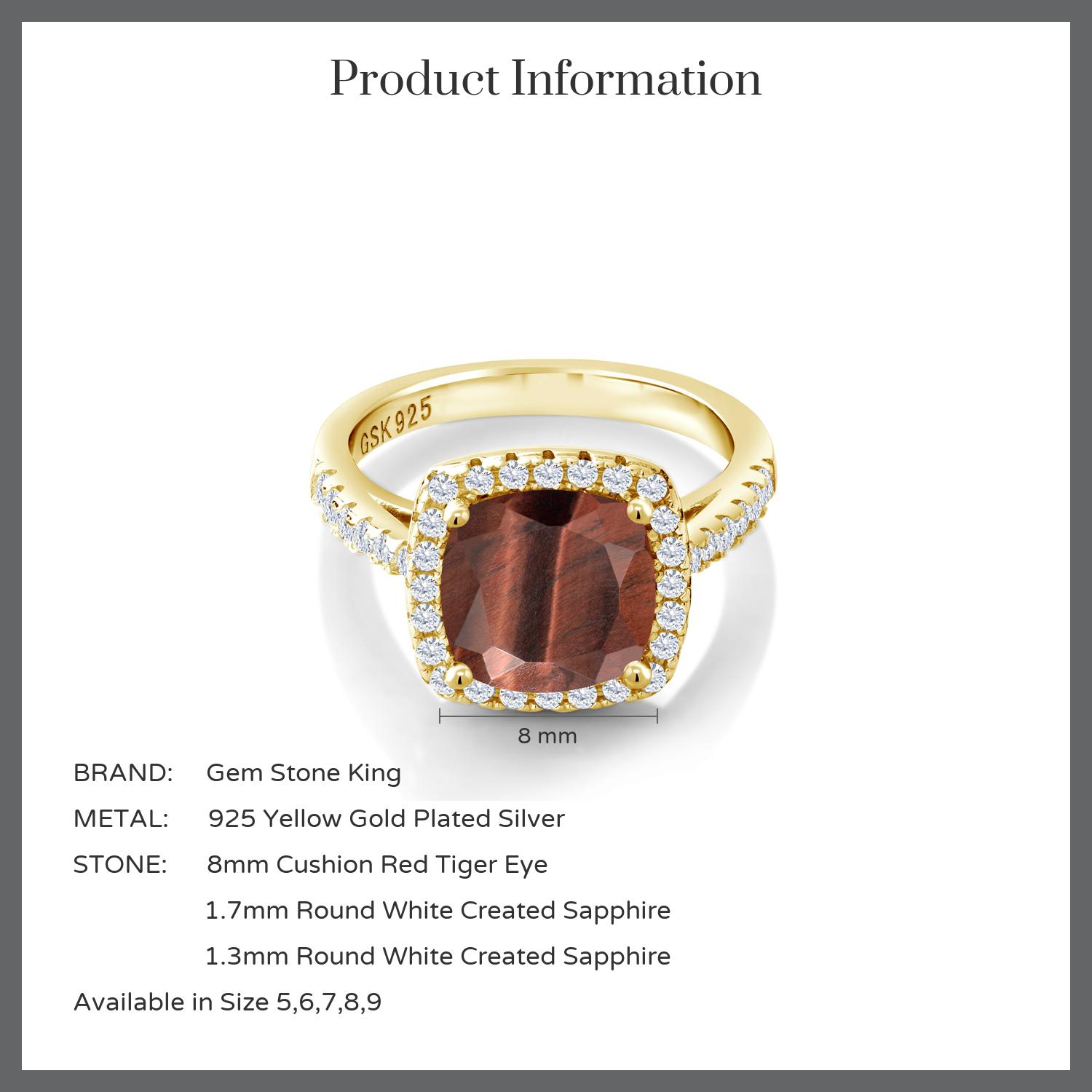 2.50 Ct Red Tiger Eye White Created Sapphire 18K Yellow Gold Plated Silver Ring - Picture 12 of 36