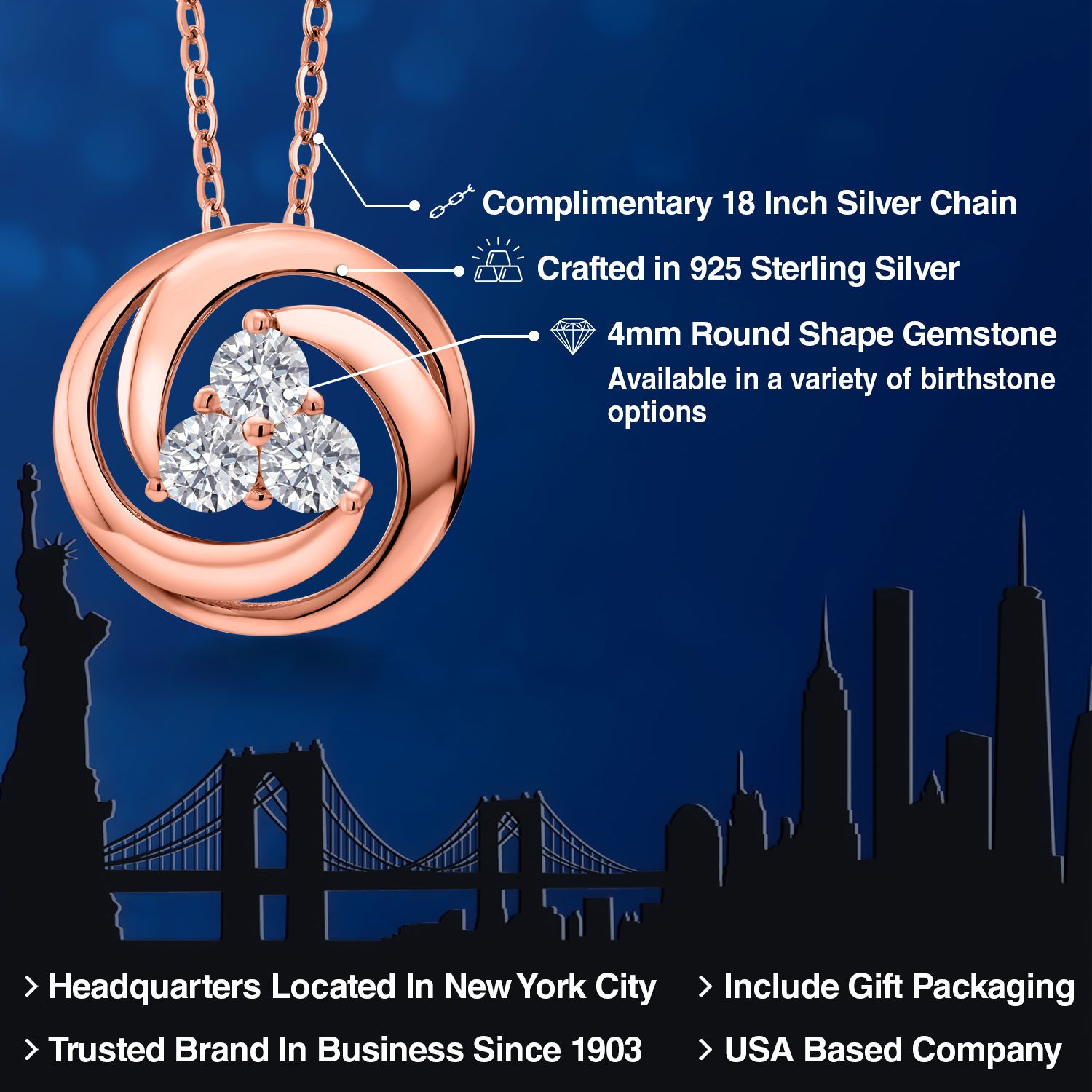 18K Rose Gold Plated Silver Amethyst 3 Stone Circle Pendant Necklace For Women - Picture 26 of 90