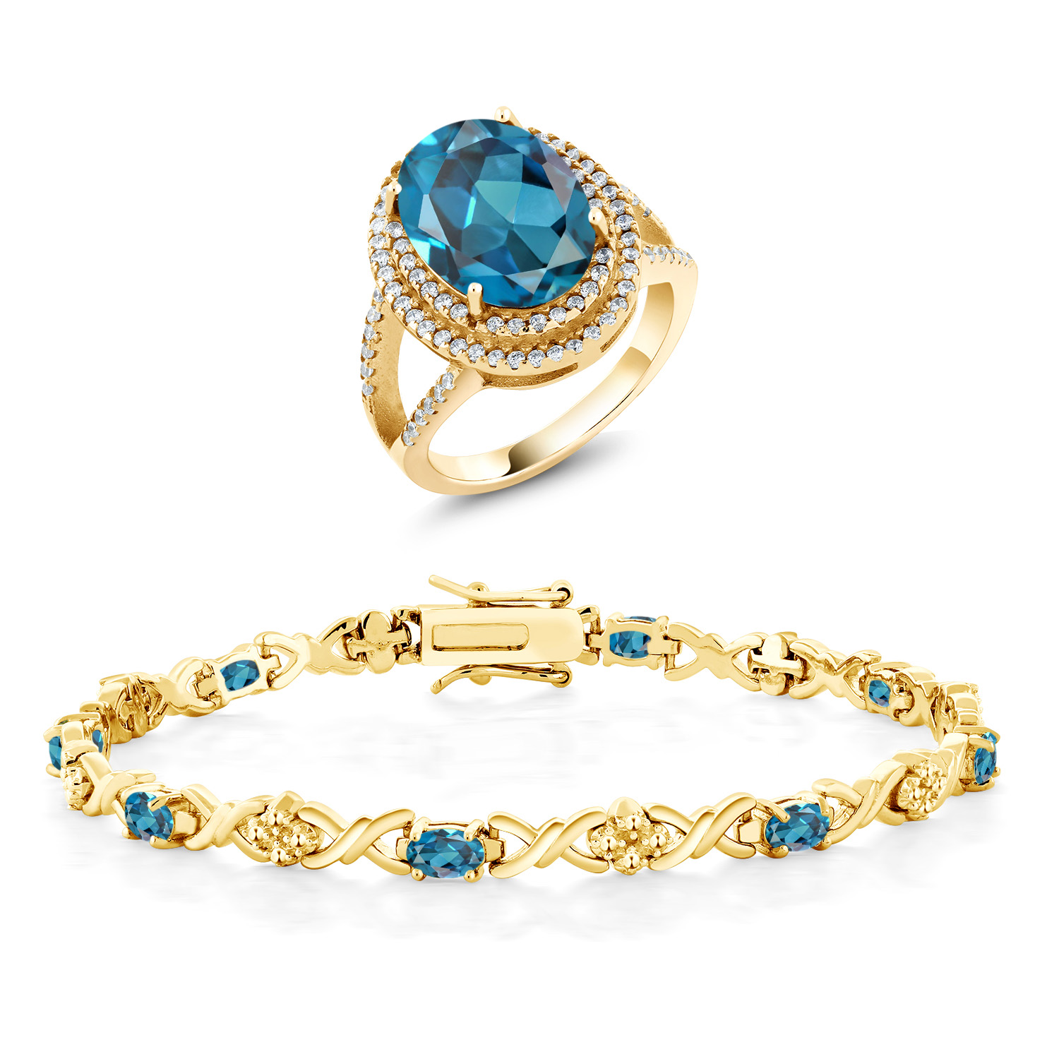 12.14 Ct Oval London Blue Topaz 18K Yellow Gold Plated Silver Ring