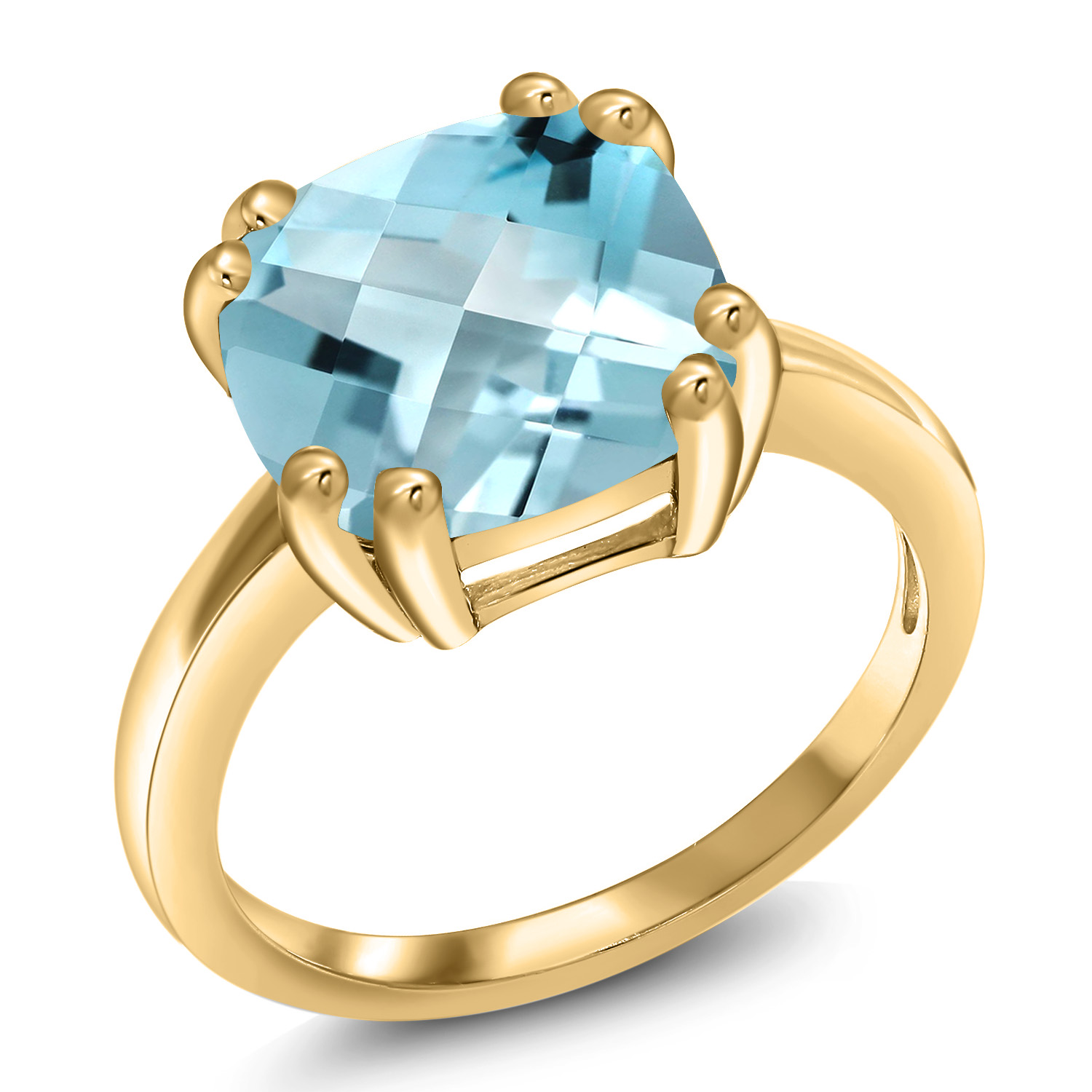 5.15 Ct Cushion Checkerboard Sky Blue Topaz 18K Yellow Gold Plated Silver Ring - Picture 7 of 36