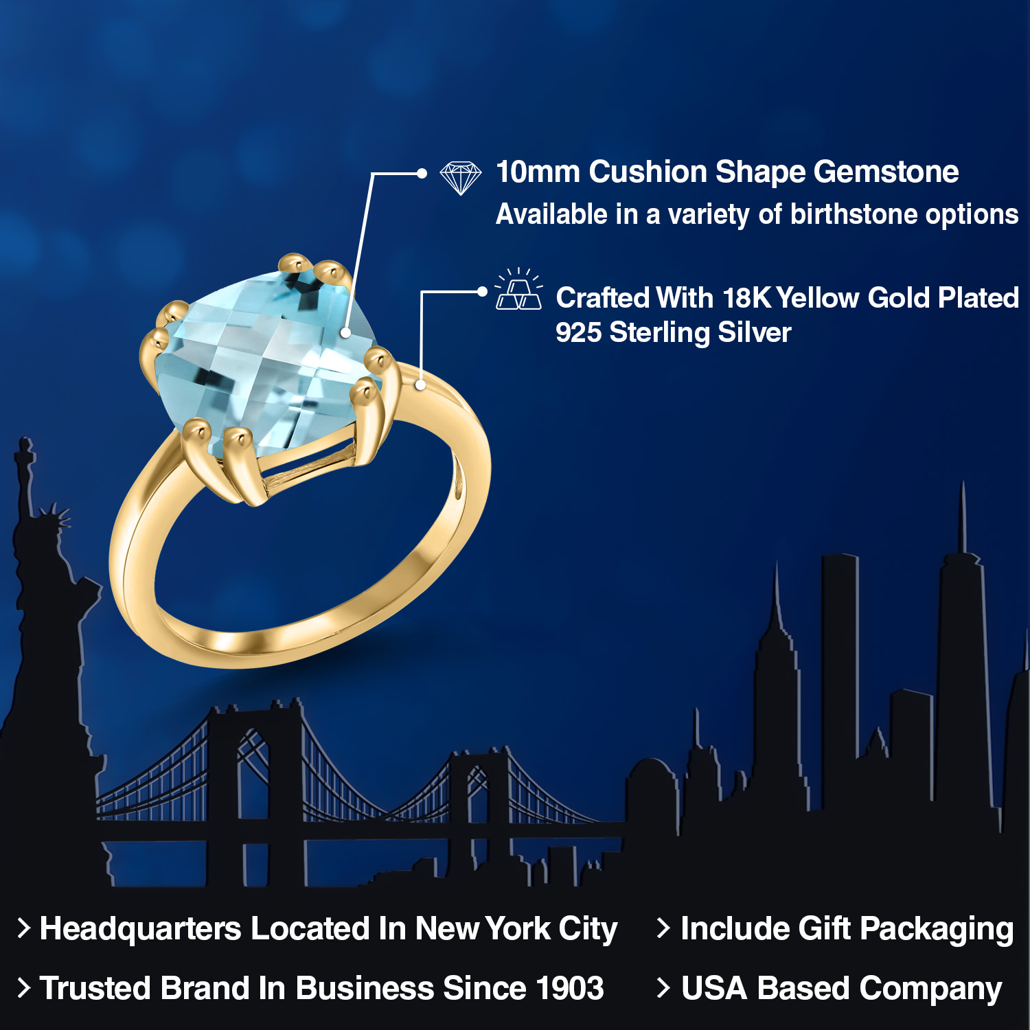 5.15 Ct Cushion Checkerboard Sky Blue Topaz 18K Yellow Gold Plated Silver Ring - Picture 8 of 36