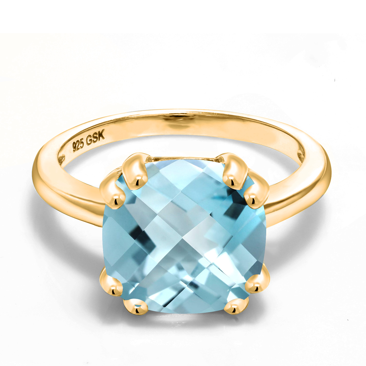 5.15 Ct Cushion Checkerboard Sky Blue Topaz 18K Yellow Gold Plated Silver Ring - Picture 9 of 36