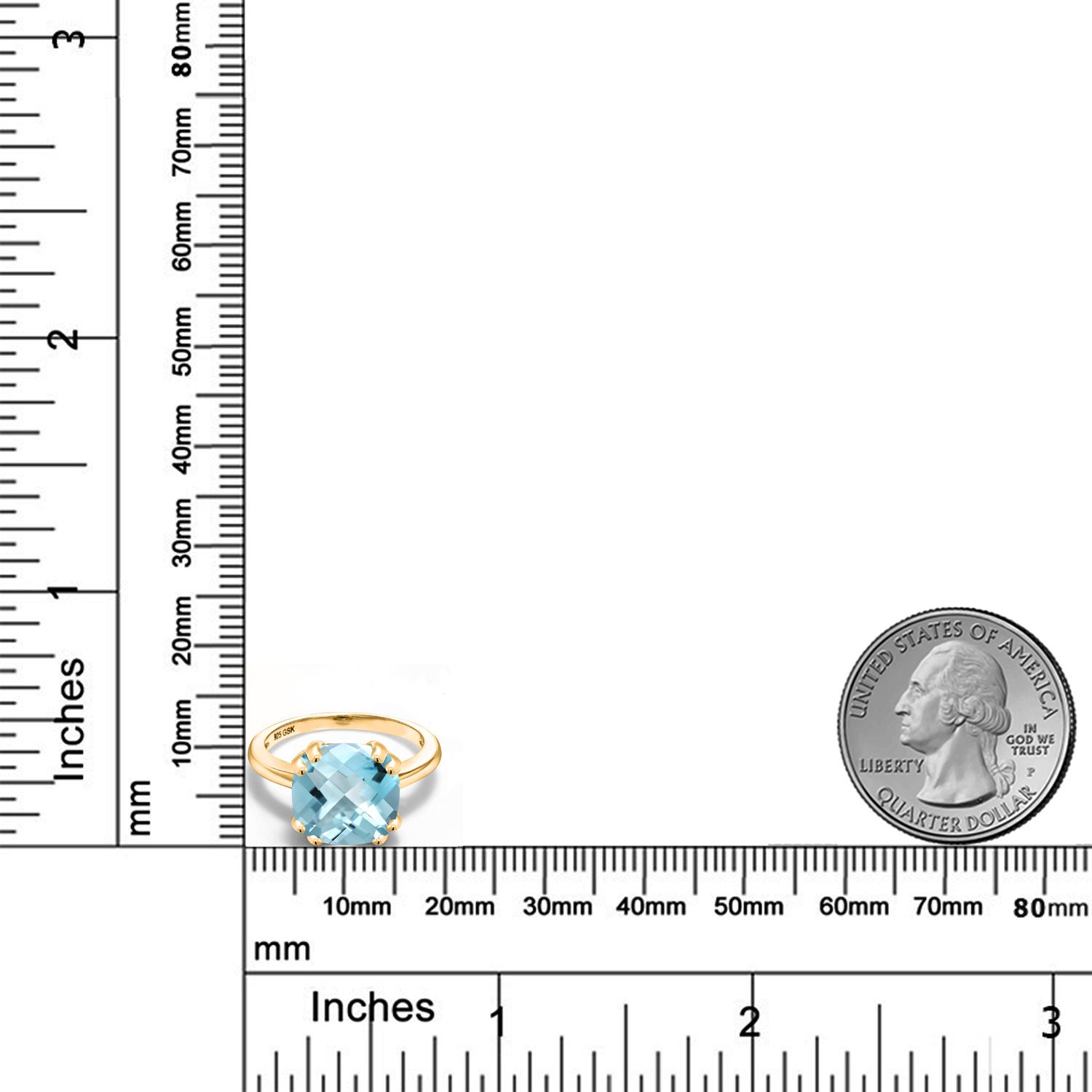 5.15 Ct Cushion Checkerboard Sky Blue Topaz 18K Yellow Gold Plated Silver Ring - Picture 12 of 36