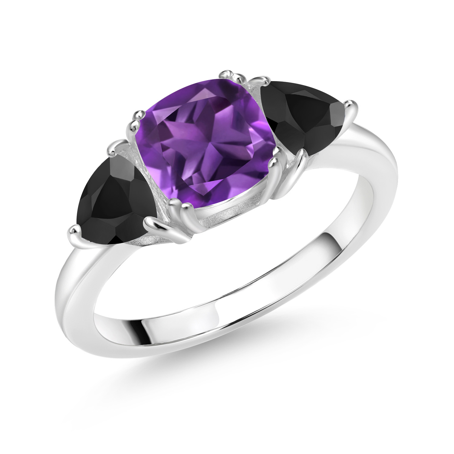 925 Sterling Silver Amethyst and Onyx 3 Stone Engagement Ring For Women (2.12 - Picture 4 of 18