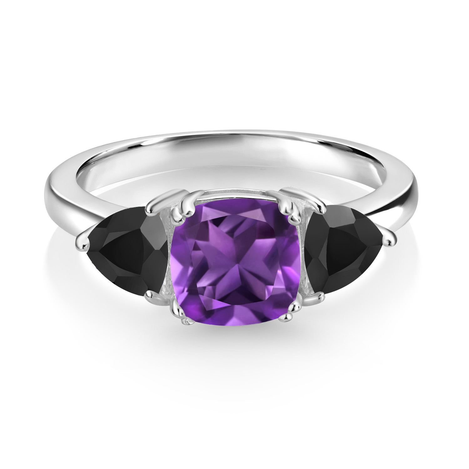 925 Sterling Silver Amethyst and Onyx 3 Stone Engagement Ring For Women (2.12 - Picture 5 of 18